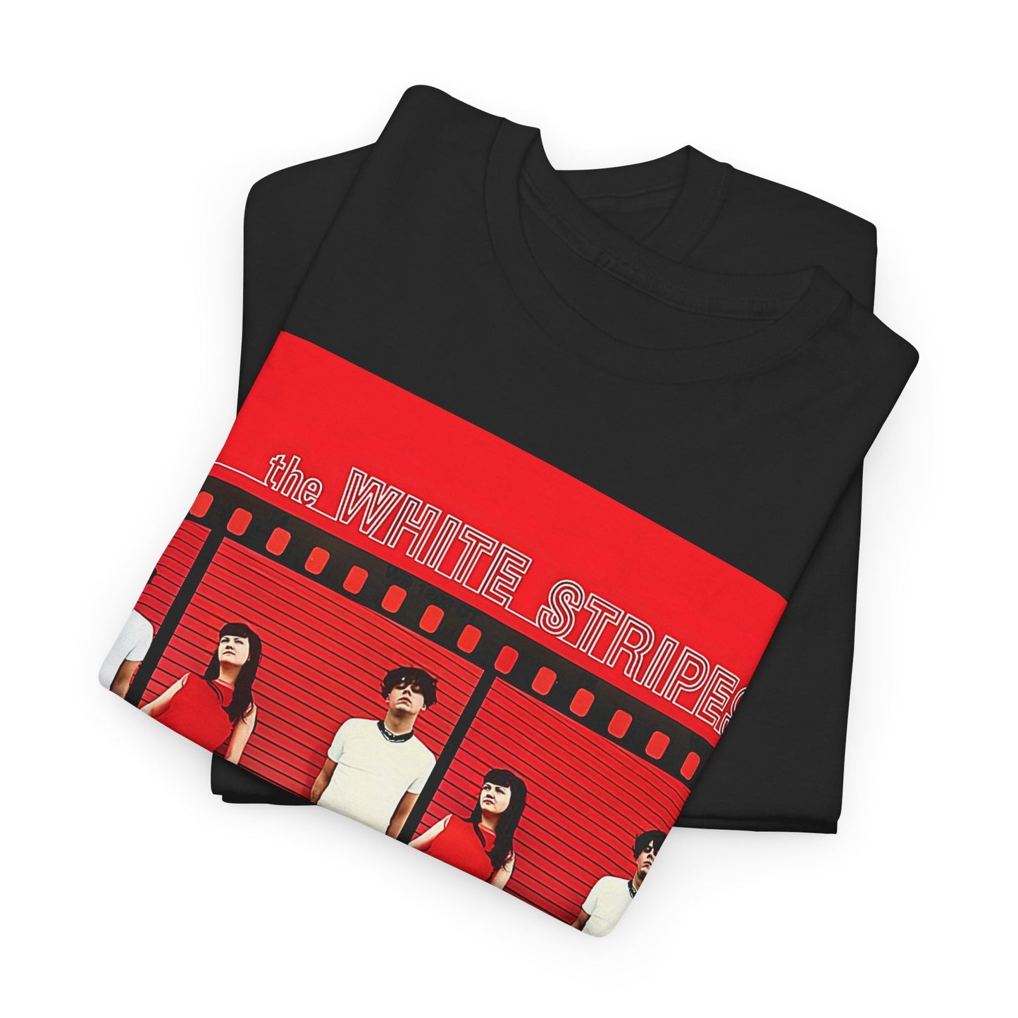 A black graphic t-shirt featuring an authentic blues rock duo graphic of The White Stripes.