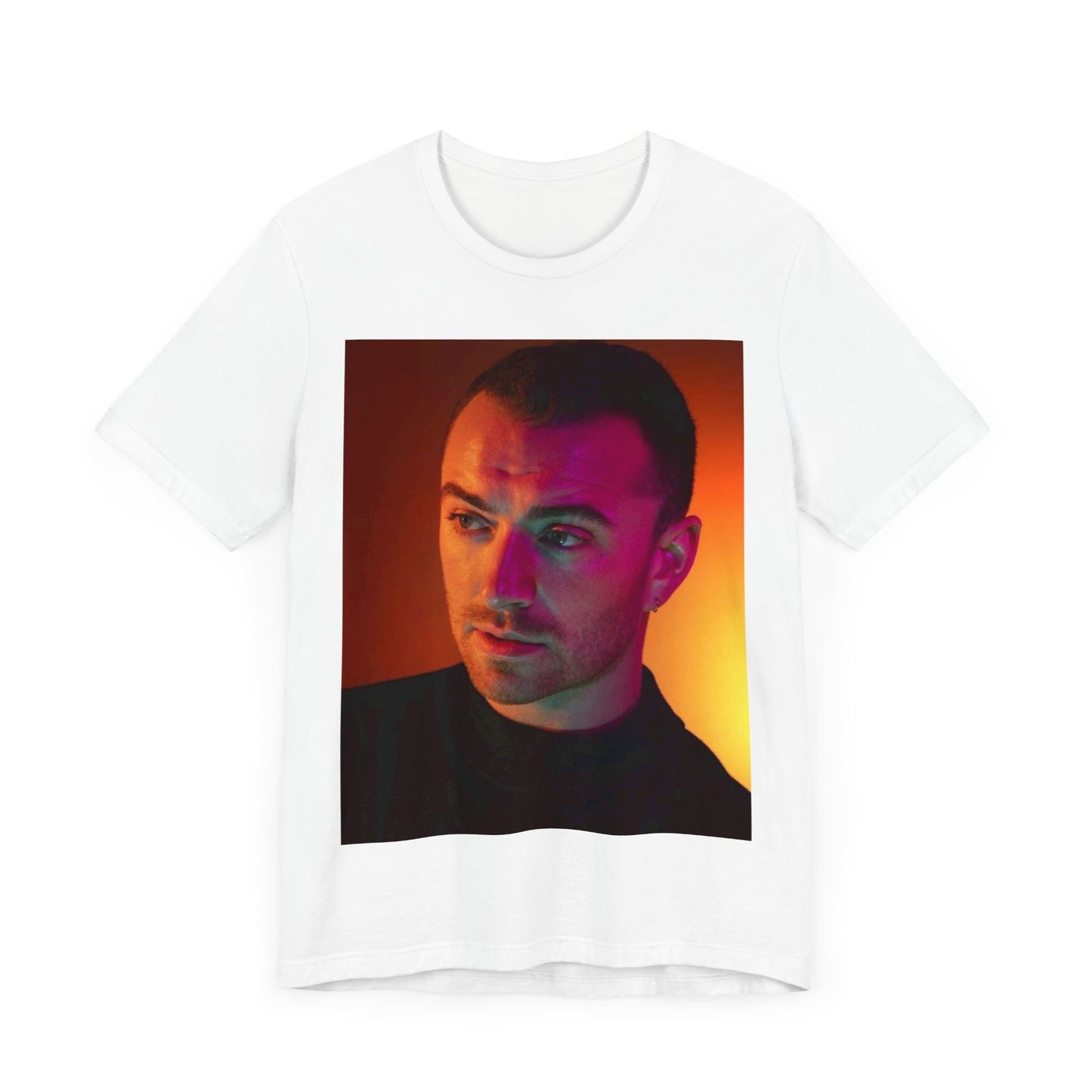 A black graphic t-shirt featuring a colorful portrait graphic of Sam Smith.