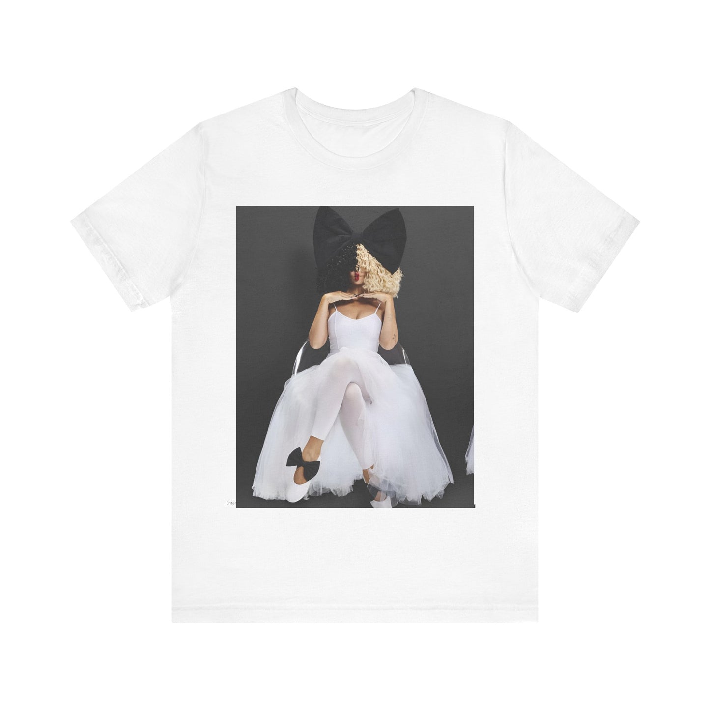 A black graphic t-shirt featuring a graphic of Sia's iconic wig style.