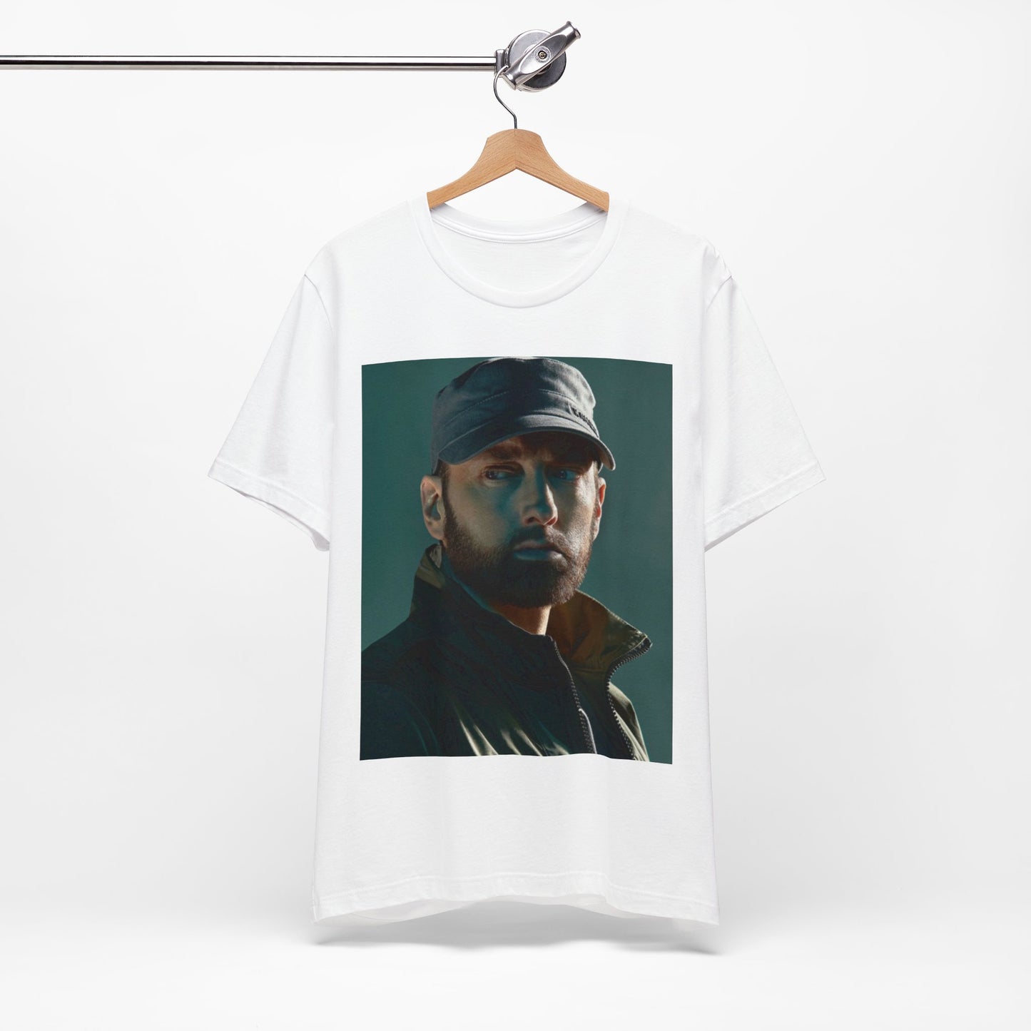 A black graphic t-shirt featuring a graphic of Eminem as a rap genius.