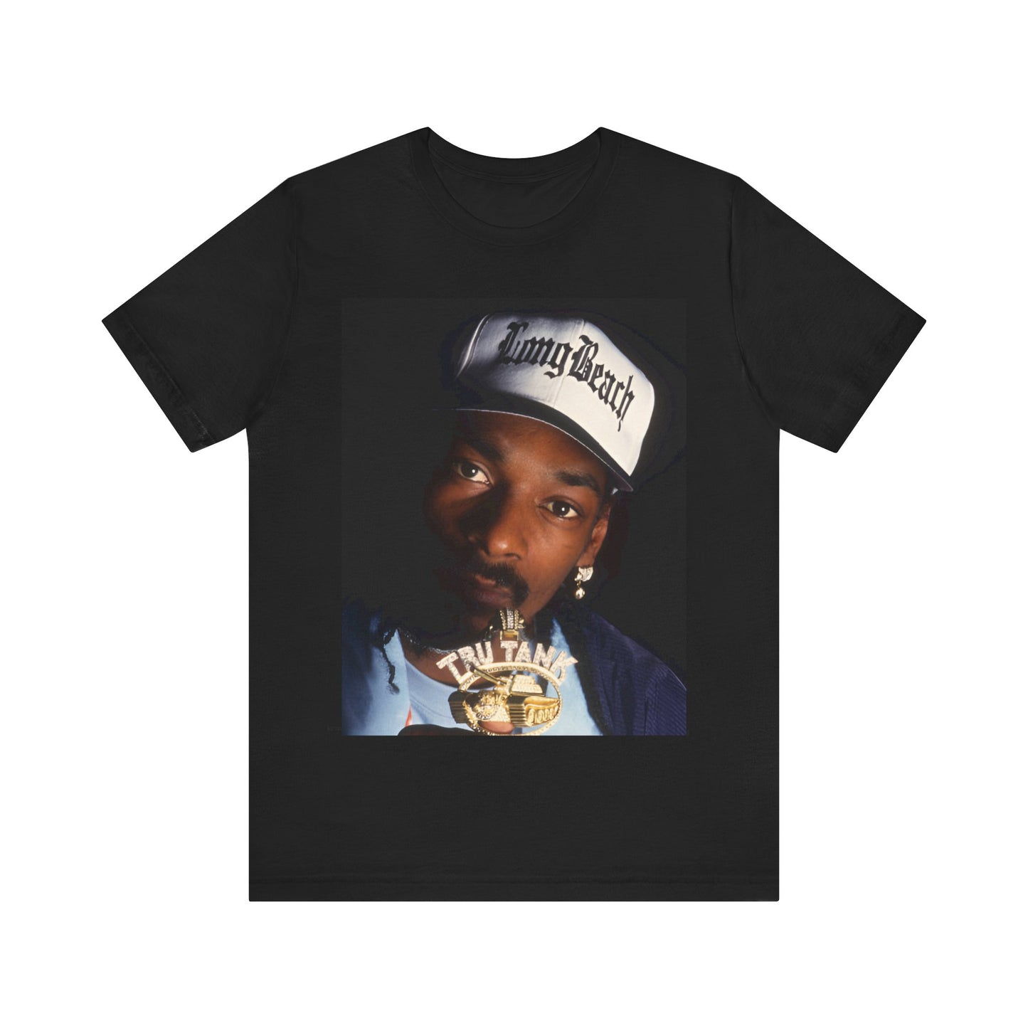 A black graphic t-shirt featuring a graphic of Snoop Dogg as a powerhouse OG rapper.