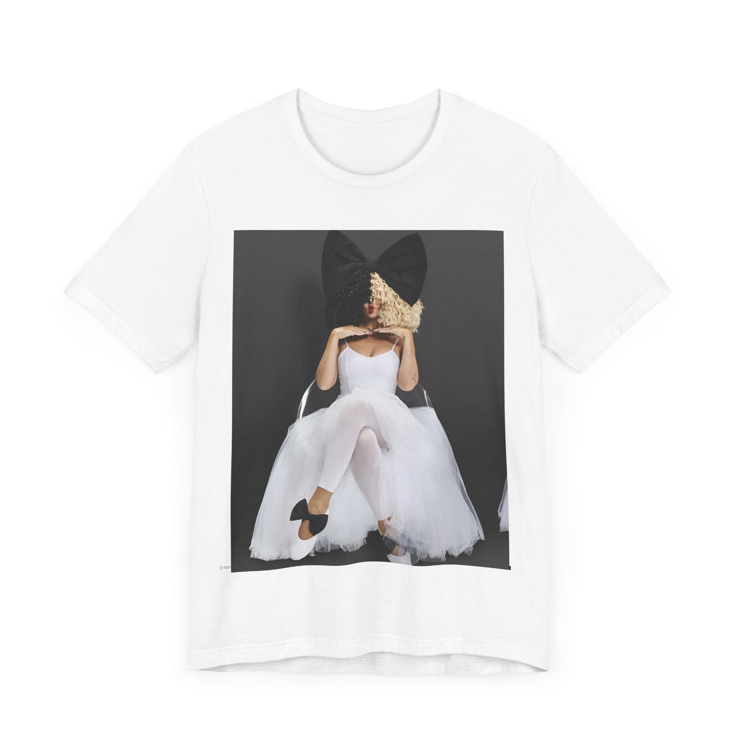 A black graphic t-shirt featuring a graphic of Sia's iconic wig style.