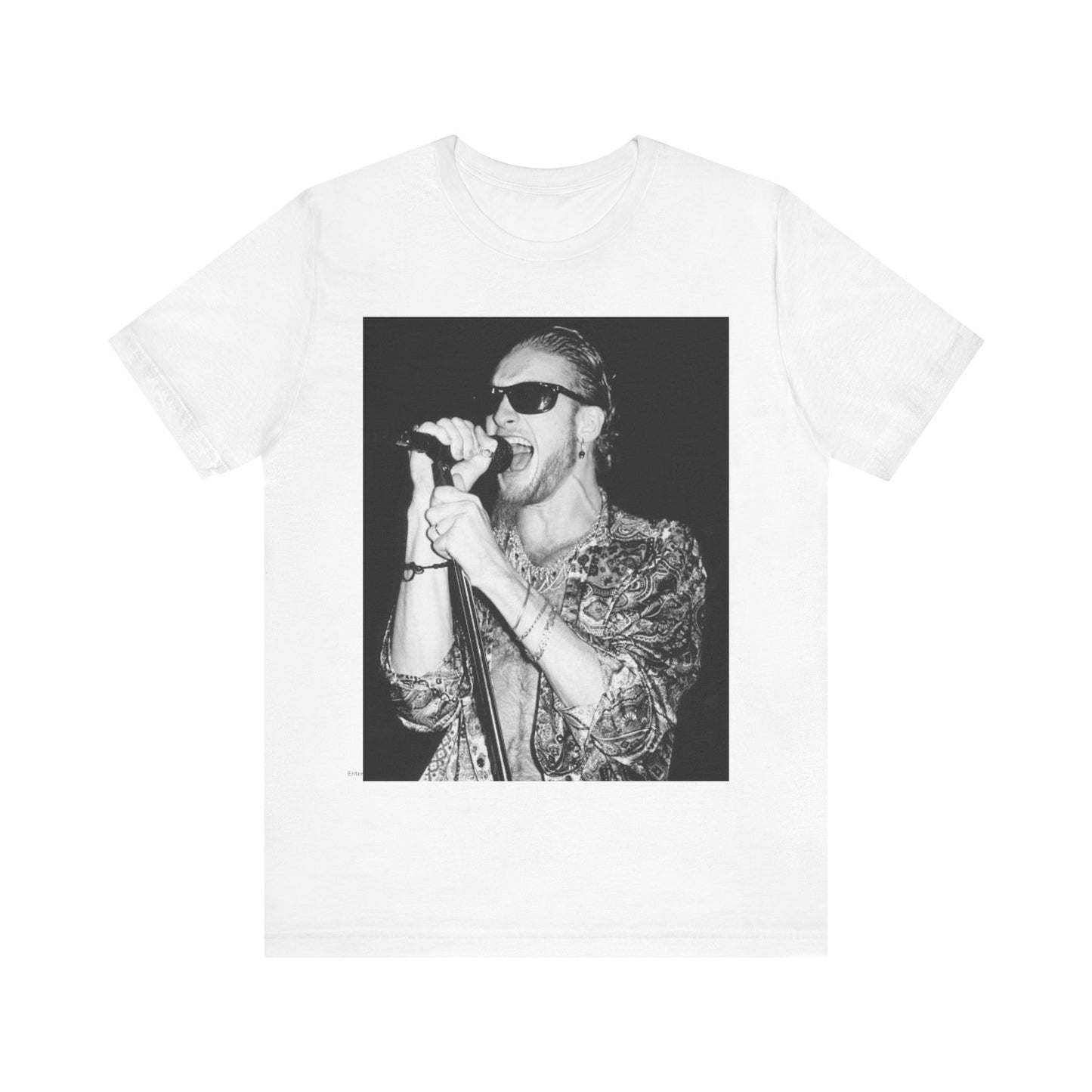 A black graphic t-shirt featuring an iconic black and white portrait photo of Layne Staley from Alice In Chains, showing his distinctive look.