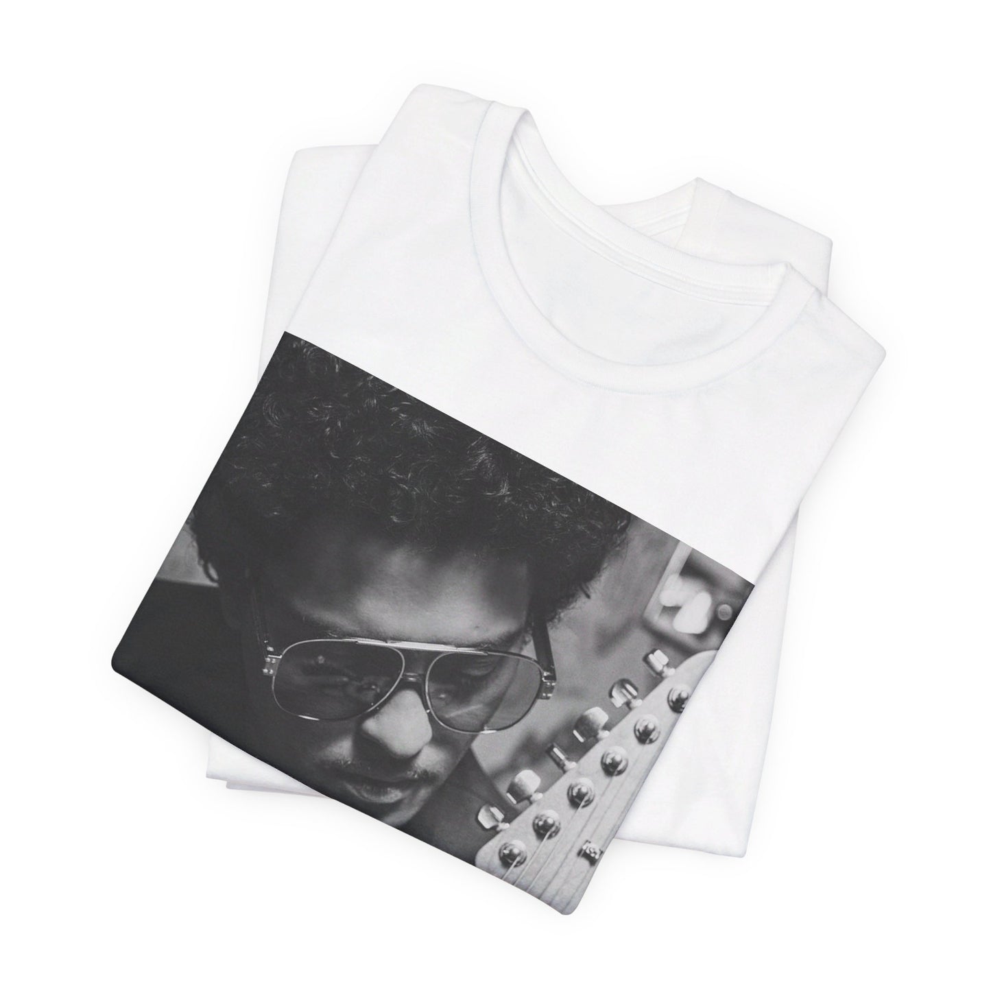 A black graphic t-shirt featuring a graphic of Bruno Mars in a classic crooner style.