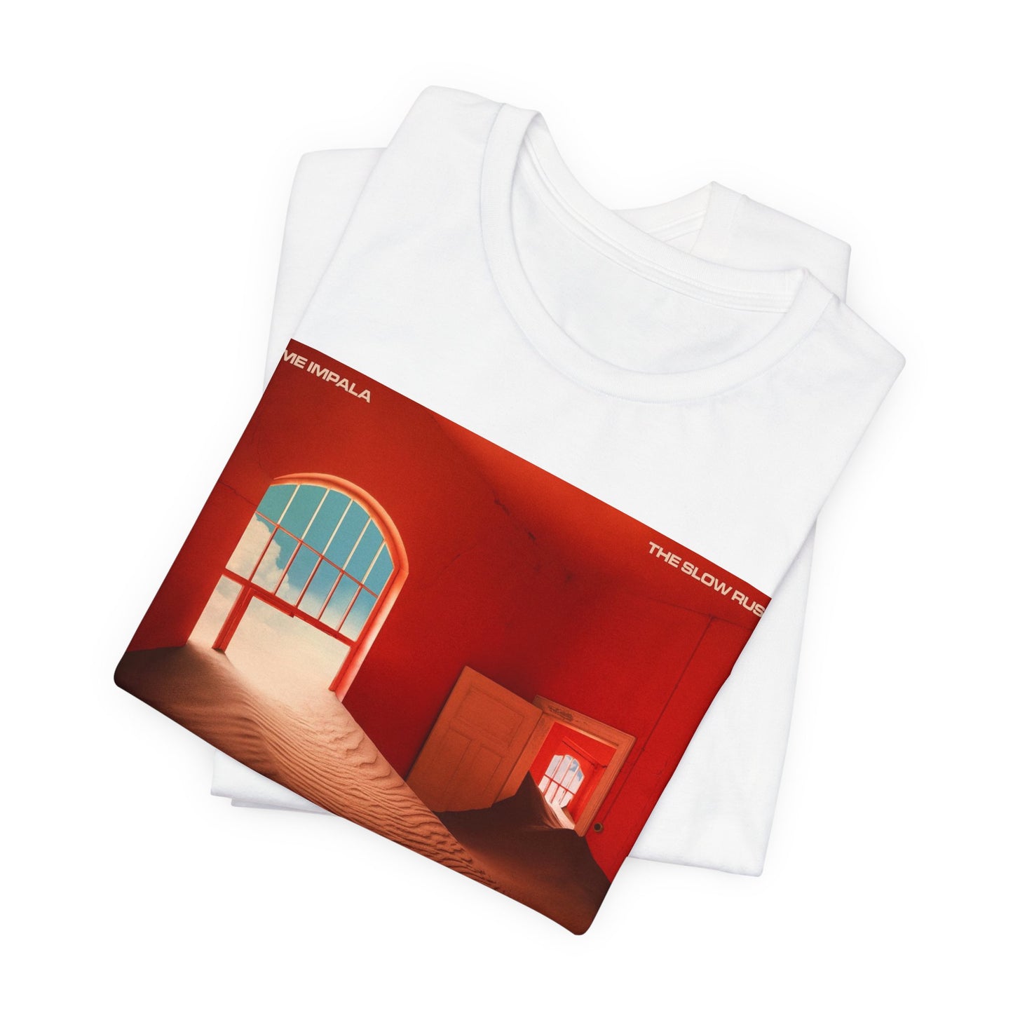 A black graphic t-shirt featuring a graphic related to Tame Impala's 'The Slow Rush' album.