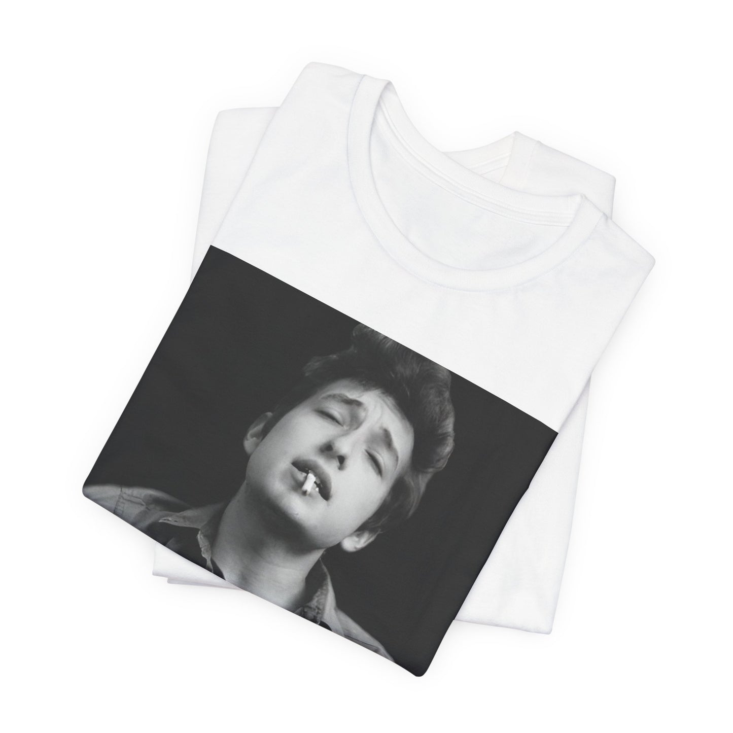 A black graphic t-shirt featuring a photo of Bob Dylan with his acoustic guitar.