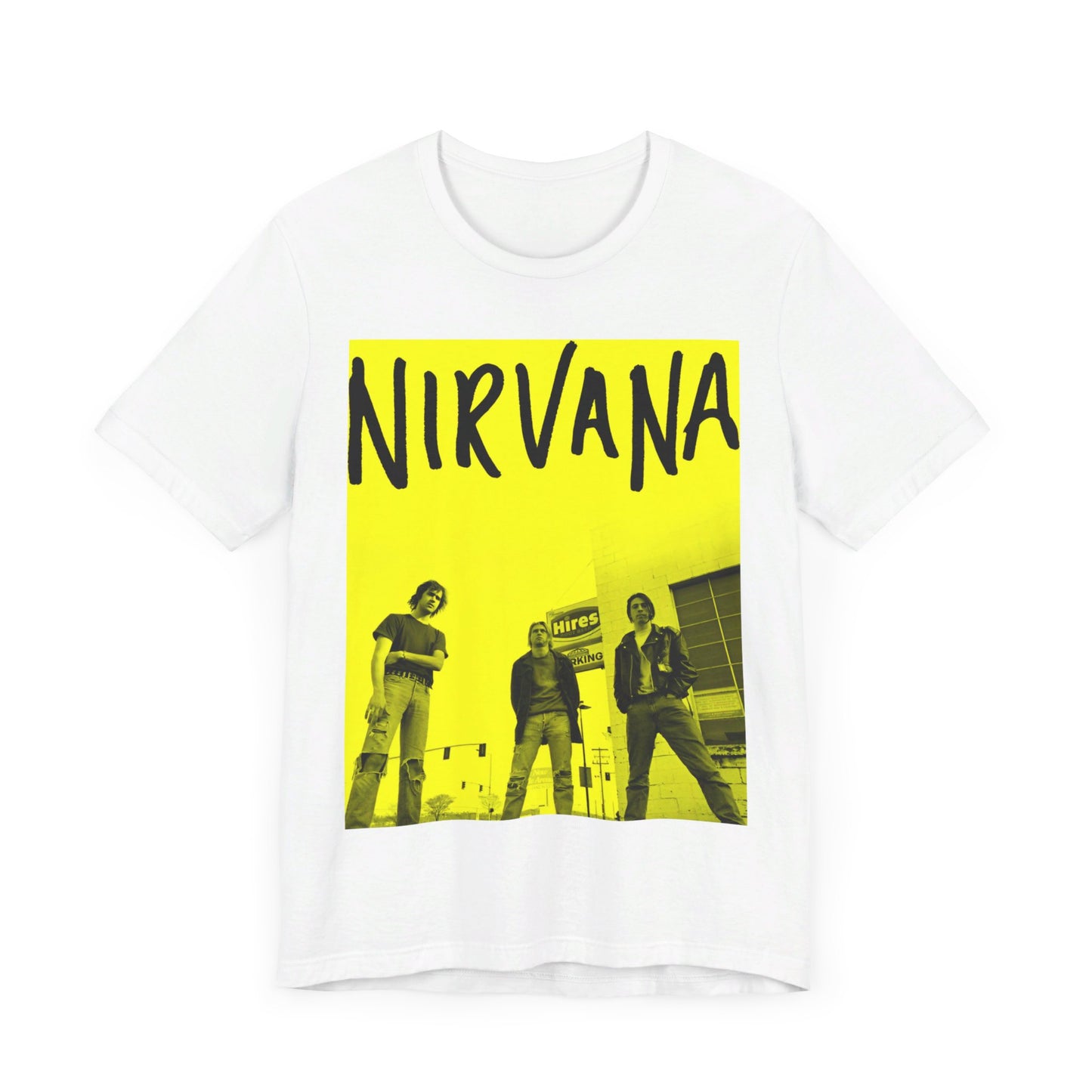 A black graphic t-shirt featuring a neon yellow aesthetic graphic of Nirvana.