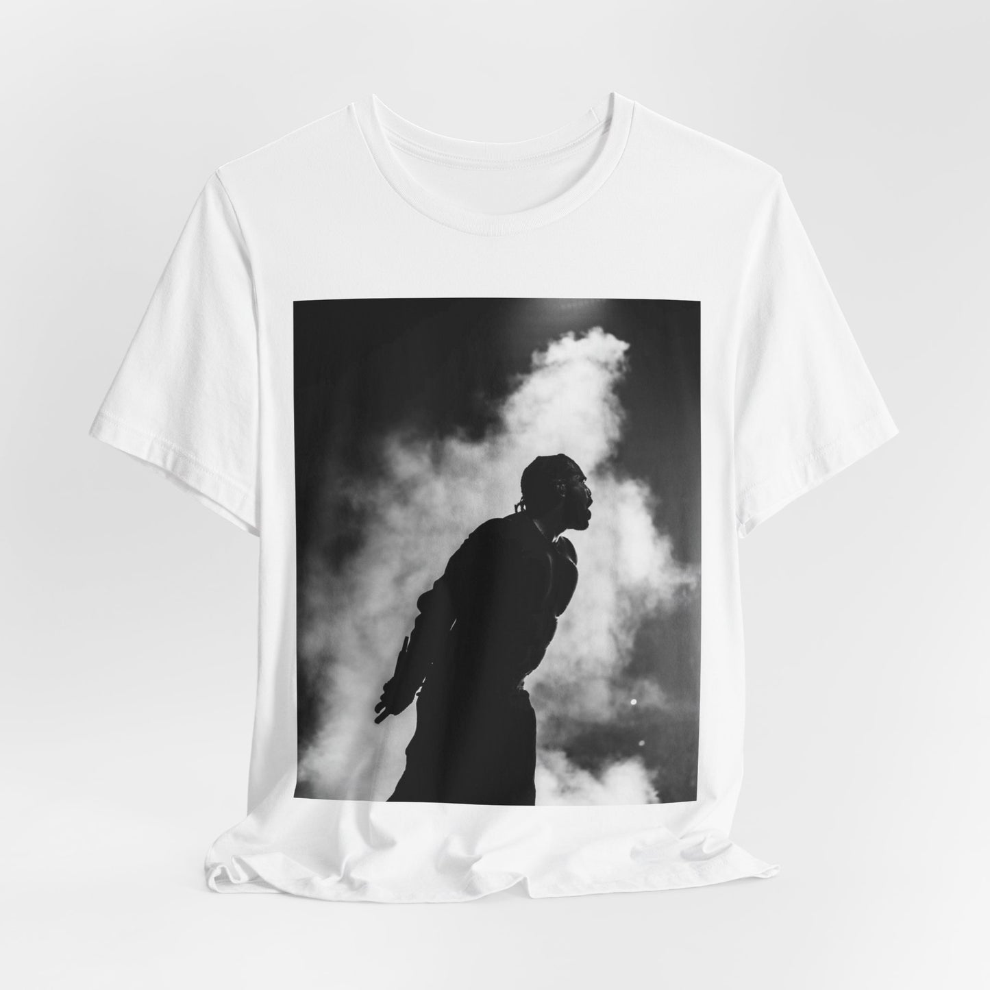A black graphic t-shirt featuring a timeless black and white graphic or photo portrait of Drake.