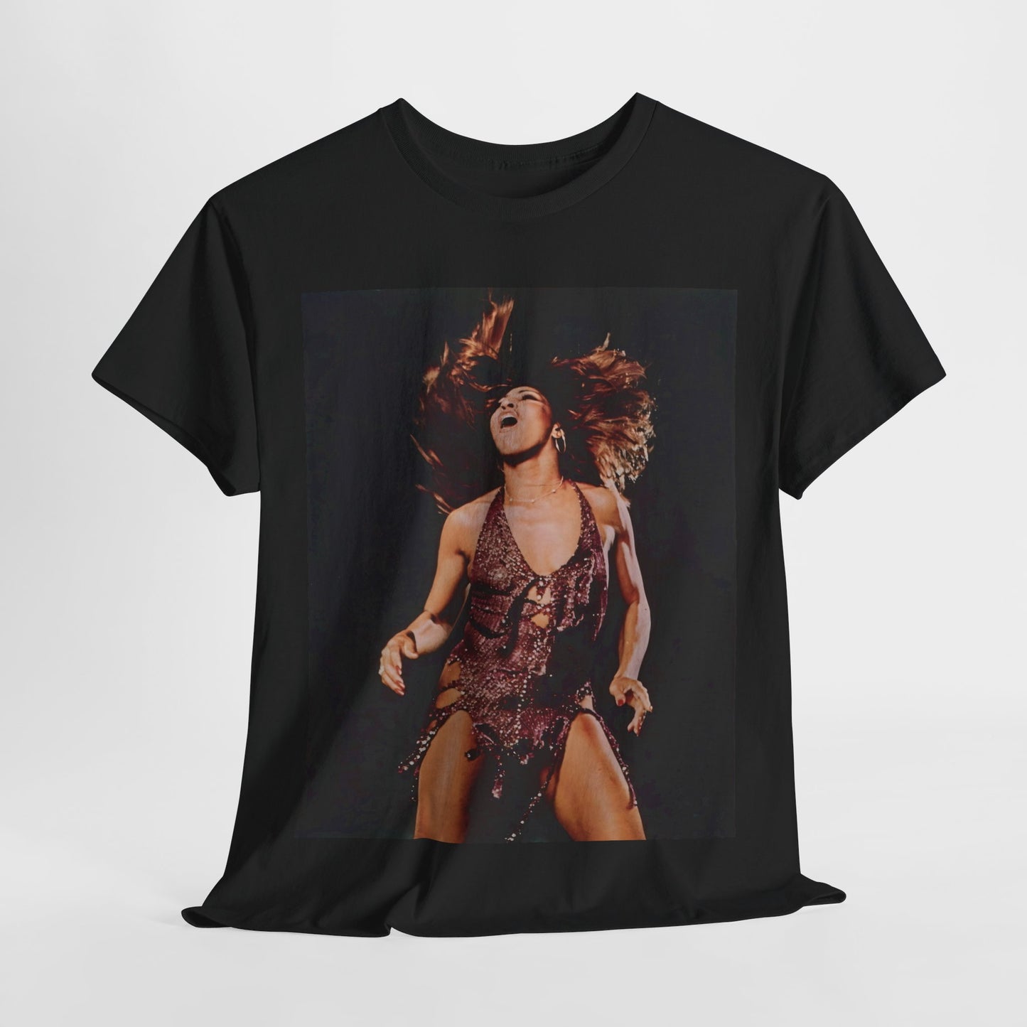 A black graphic t-shirt featuring an authentic live performance graphic of Tina Turner.
