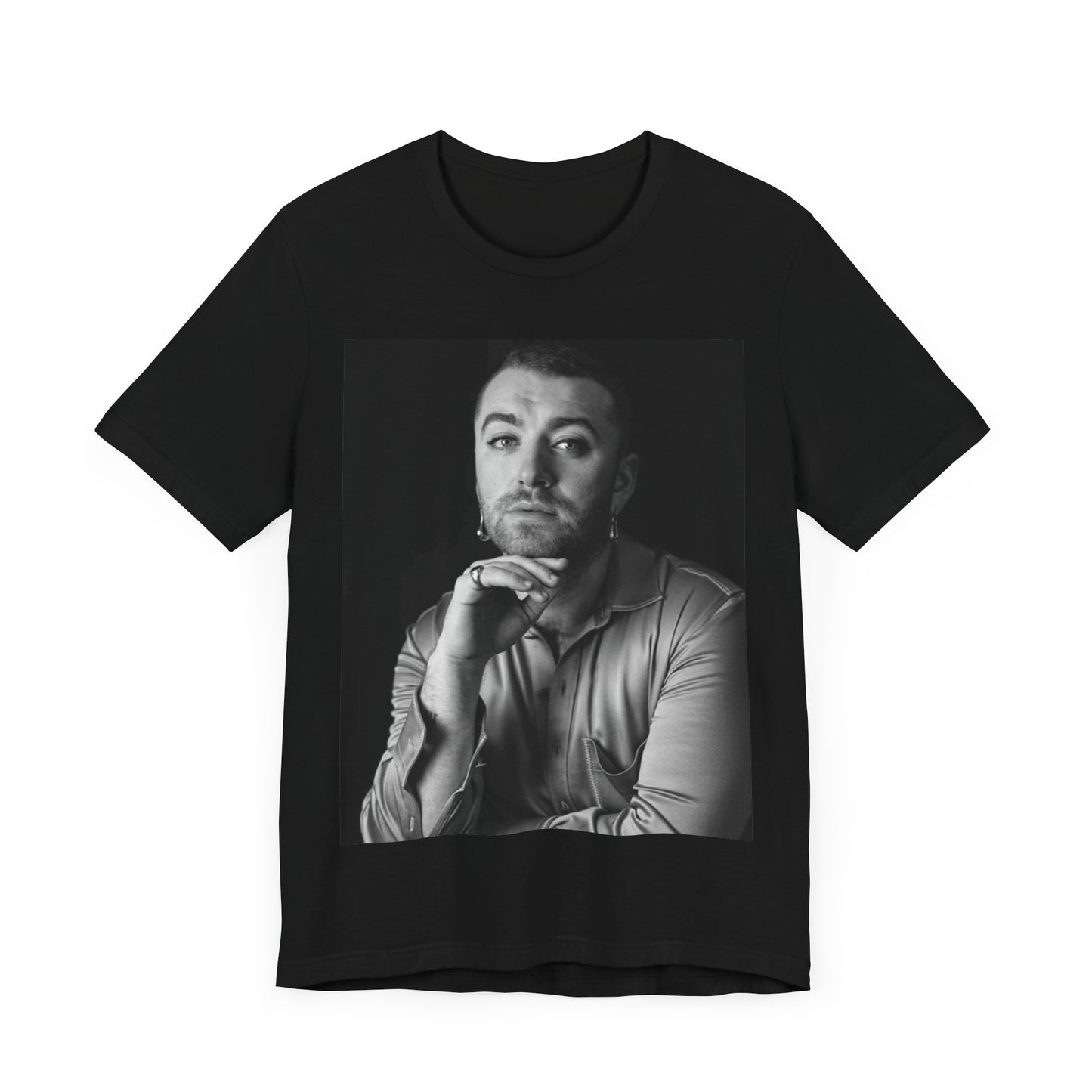 A black graphic t-shirt featuring a black and white portrait photo of Sam Smith.