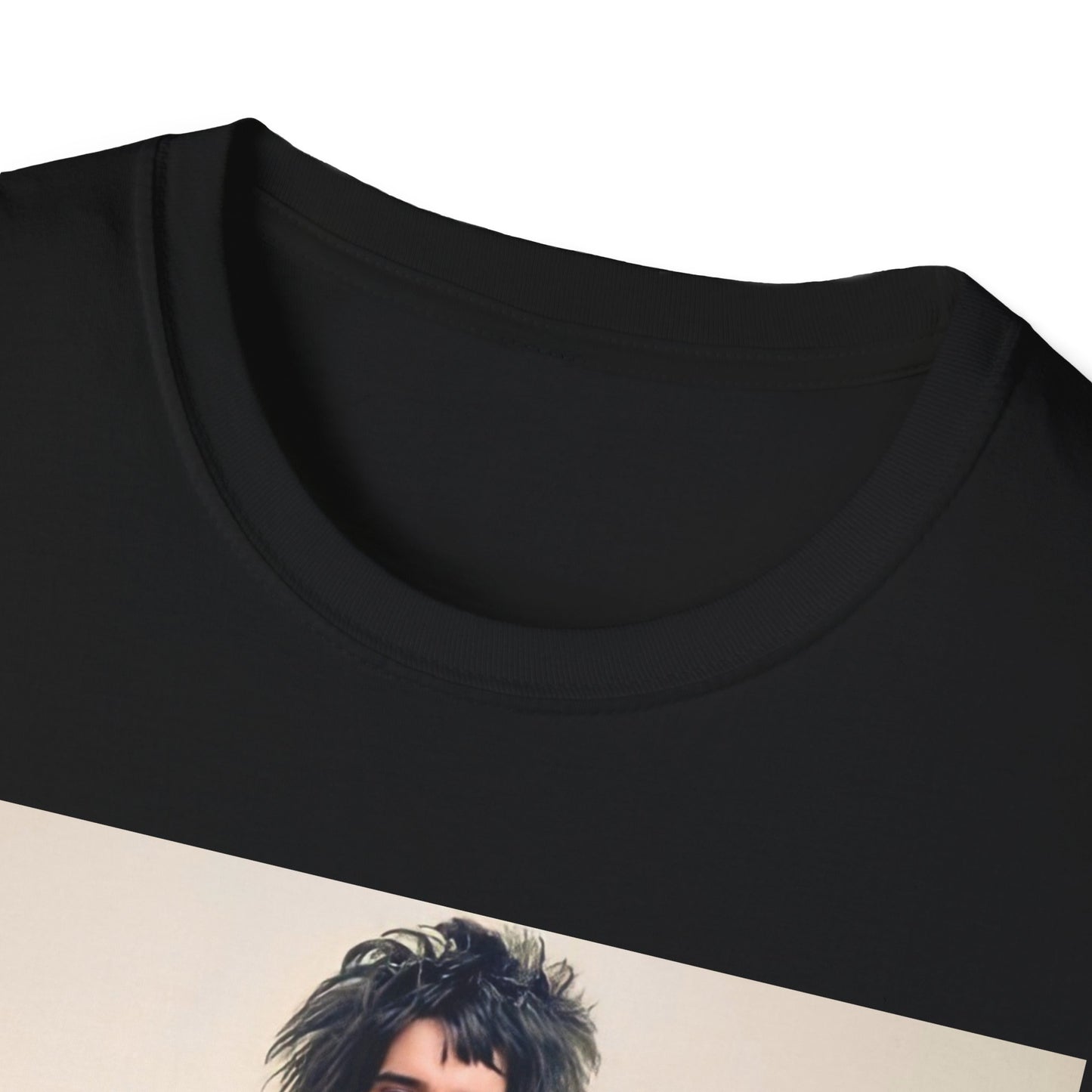 A black graphic t-shirt featuring a vintage rock icon graphic of Rod Stewart.