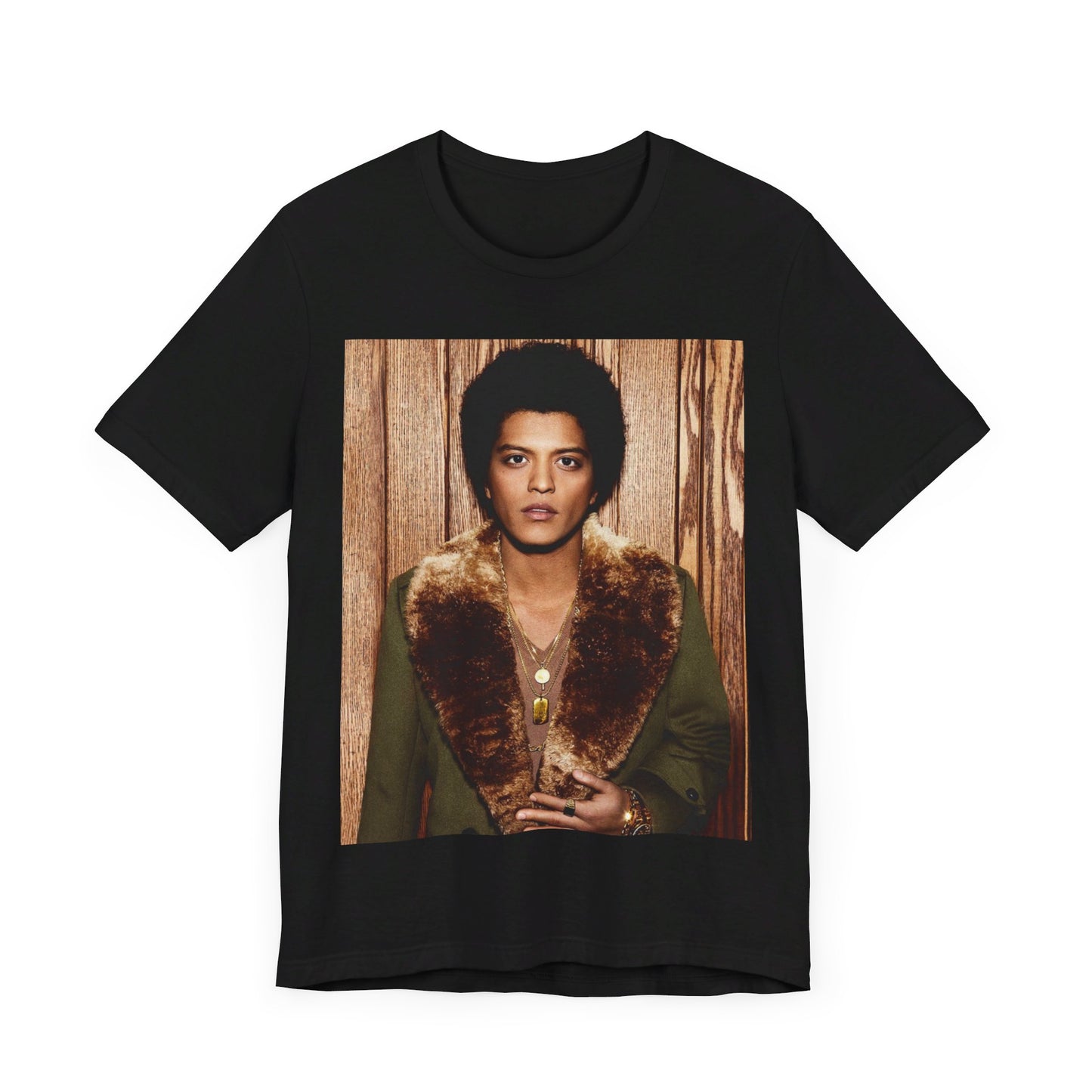 A black graphic t-shirt featuring a graphic related to Bruno Mars' "Just the Way You Are" song or era.
