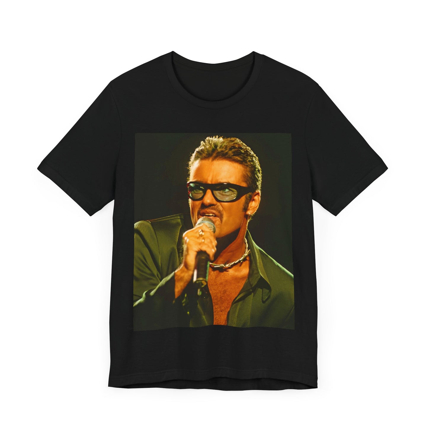 A black graphic t-shirt featuring a graphic related to George Michael's 'Freedom! '90' song.