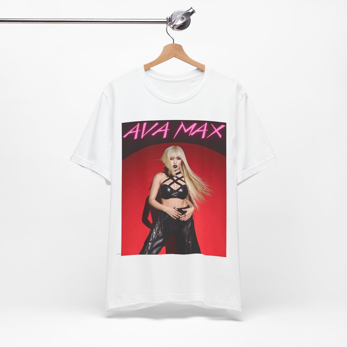 A black graphic t-shirt featuring a stylized graphic of Ava Max, emphasizing her status as a pop icon.
