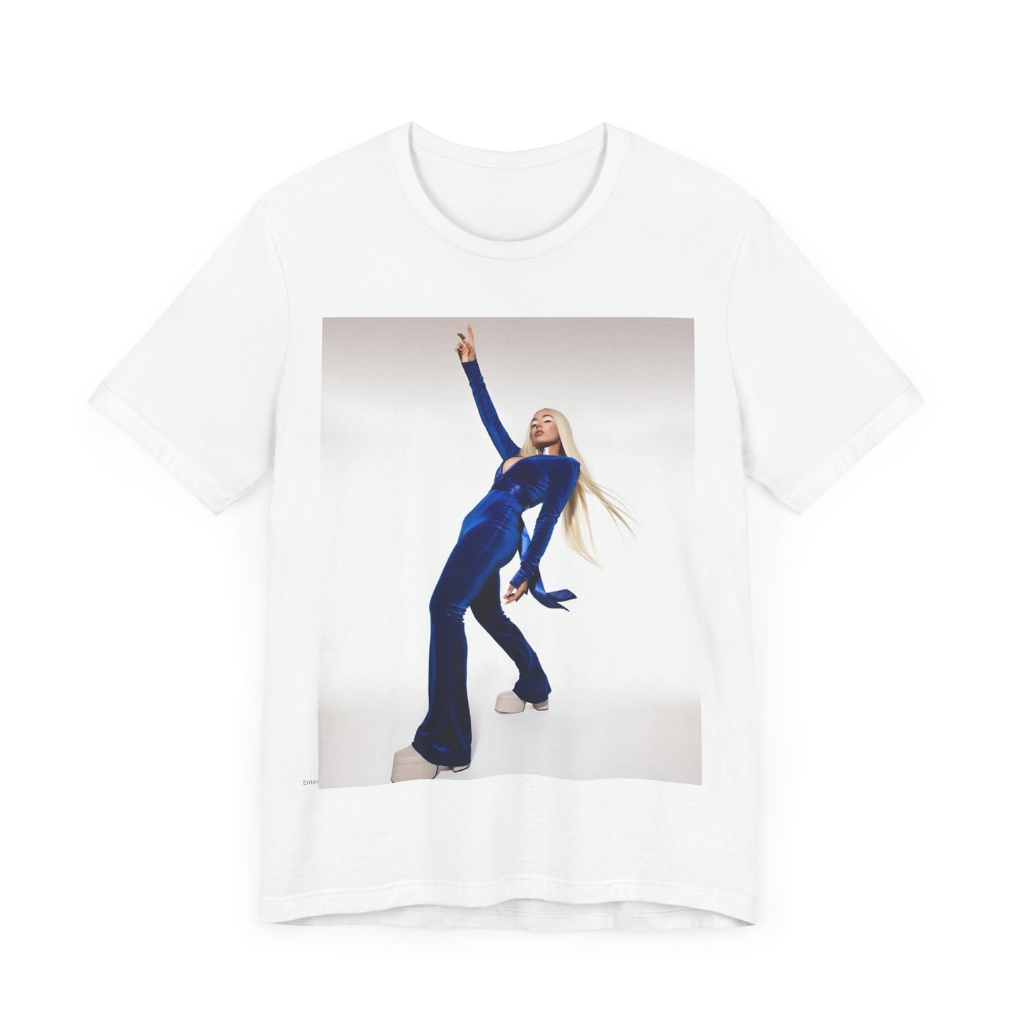 A black graphic t-shirt featuring Ava Max in a blue jumpsuit, in a graphic or photo style.