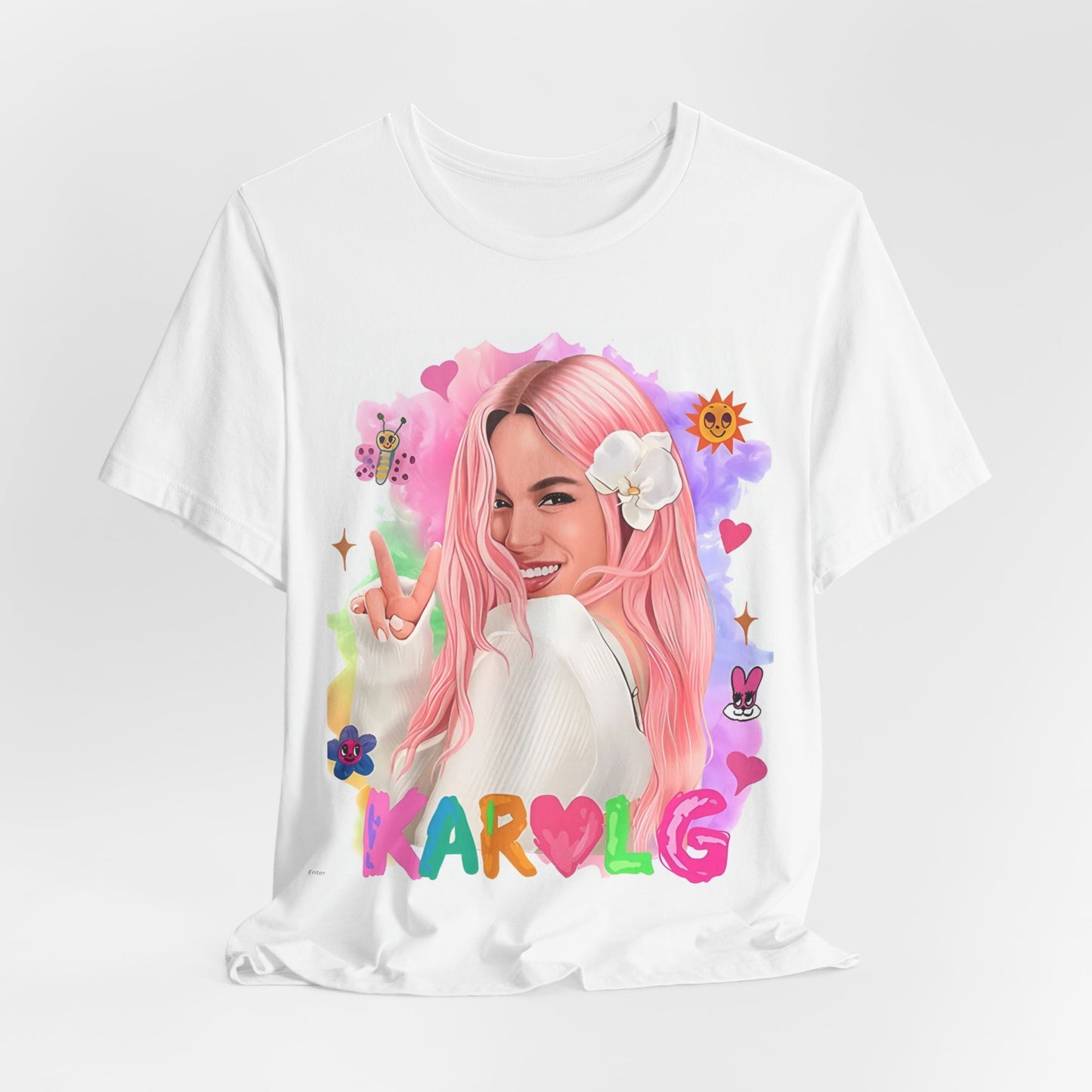 A black graphic t-shirt featuring a vintage graphic of Karol G, emphasizing her 'Bichota' persona.