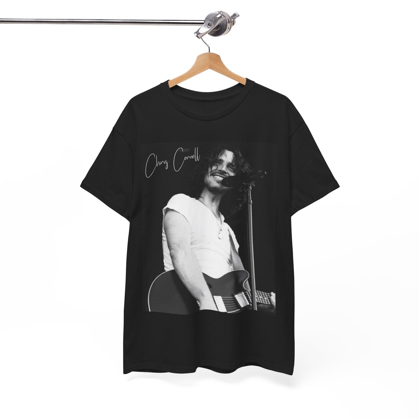 A black graphic t-shirt featuring a black and white graphic of Chris Cornell, evoking the Seattle rock sound.