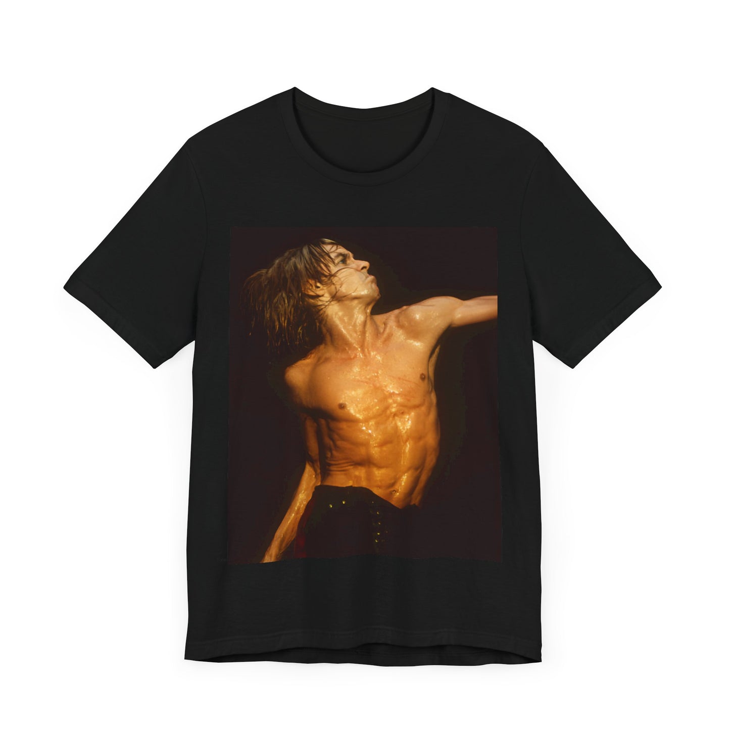 A black graphic t-shirt featuring an iconic photo of Iggy Pop performing live on stage.