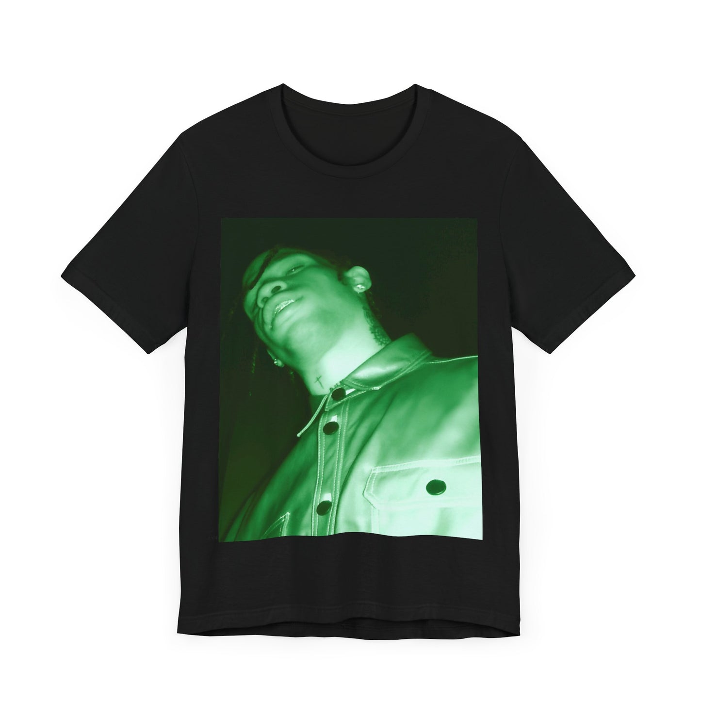 A black graphic t-shirt featuring a graphic of Travis Scott with psychedelic trap vibes.