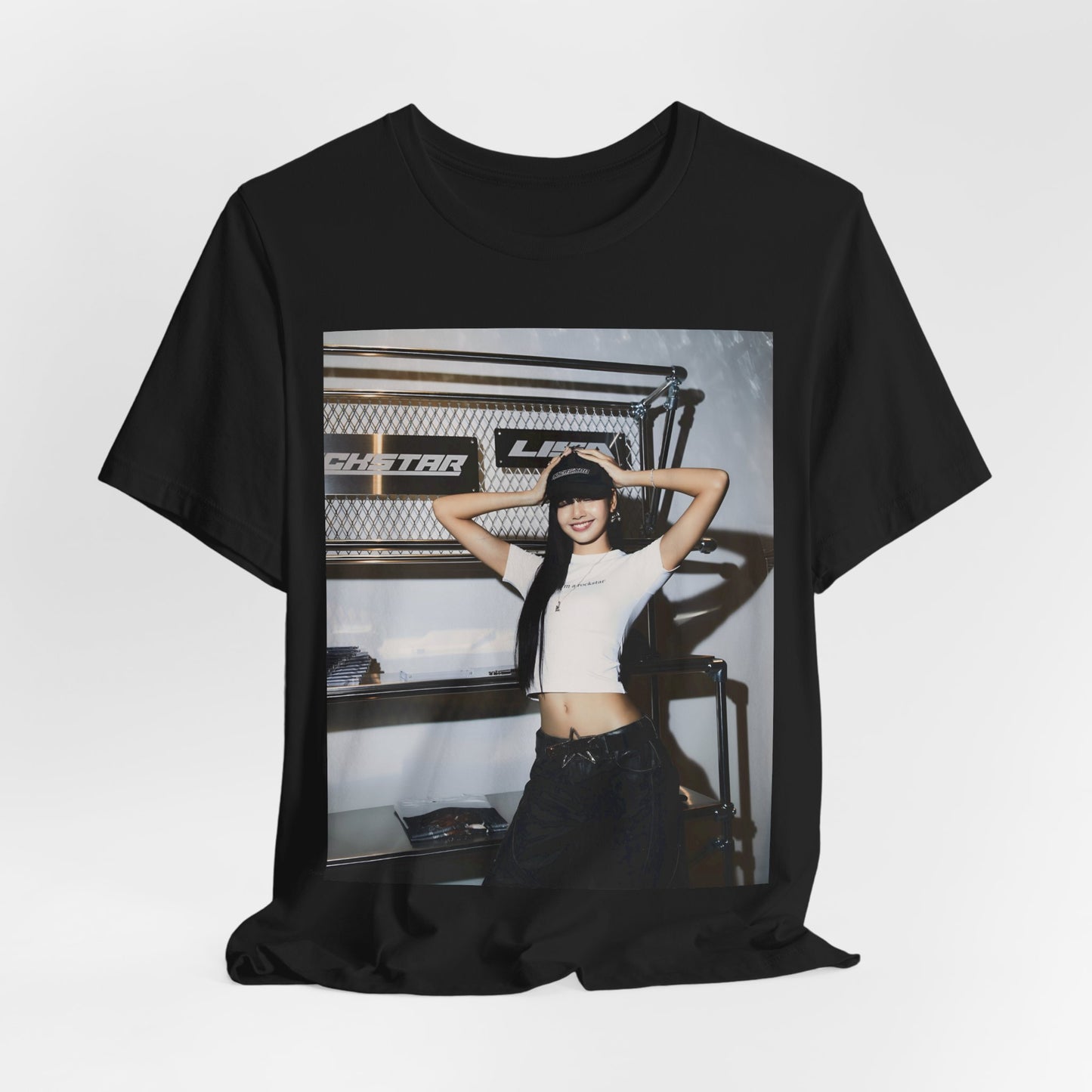 A black graphic t-shirt featuring a graphic of Lisa as a street K-Pop style queen.