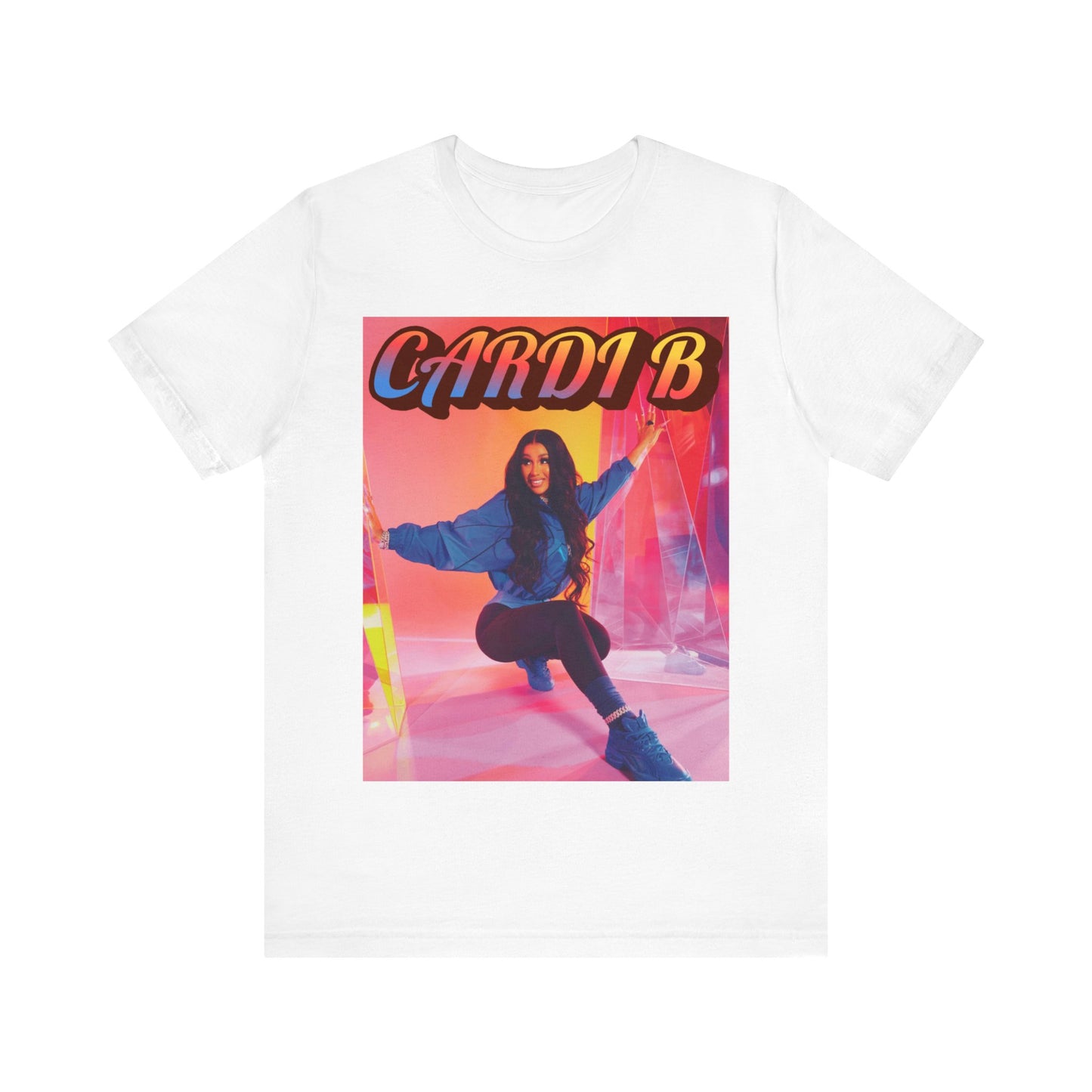 A black graphic t-shirt featuring a graphic of Cardi B, designed with a rap aesthetic.