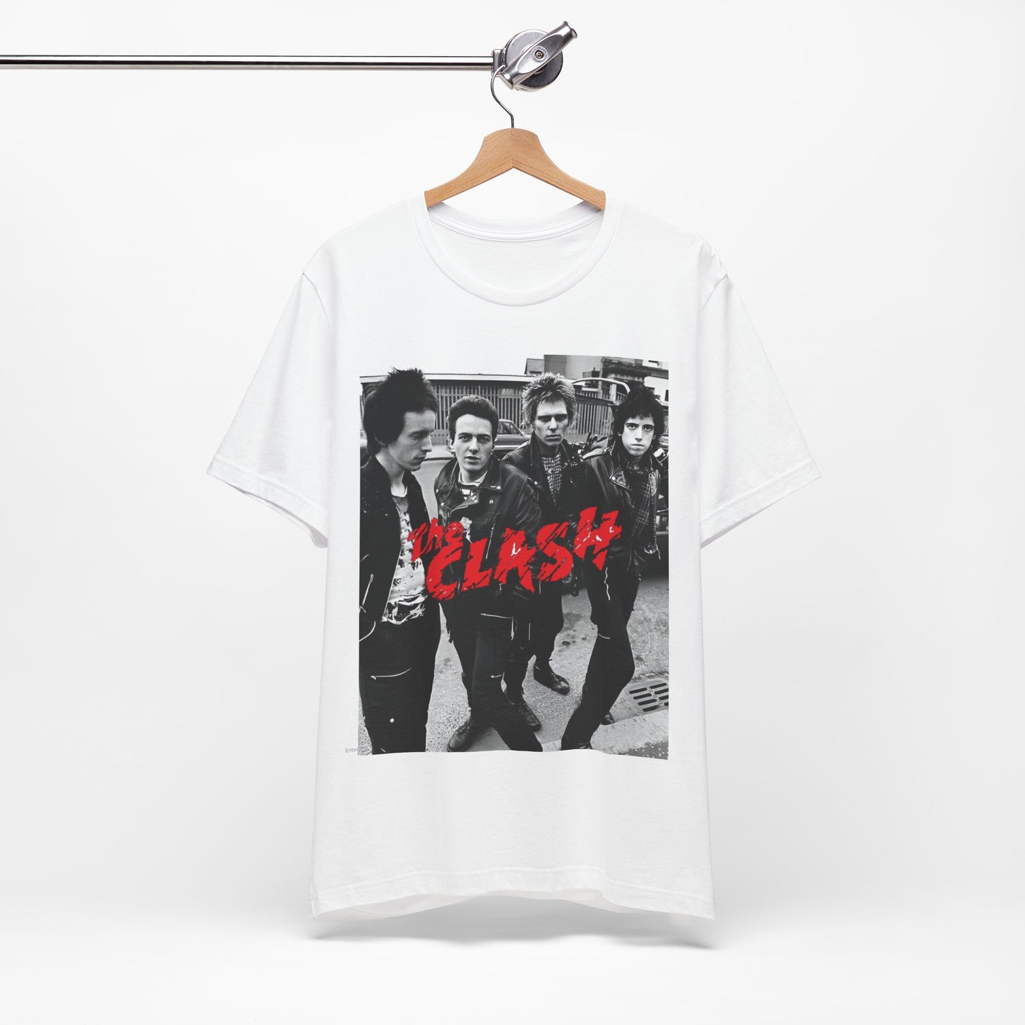A black graphic t-shirt featuring a graphic of The Clash as punk rock pioneers.