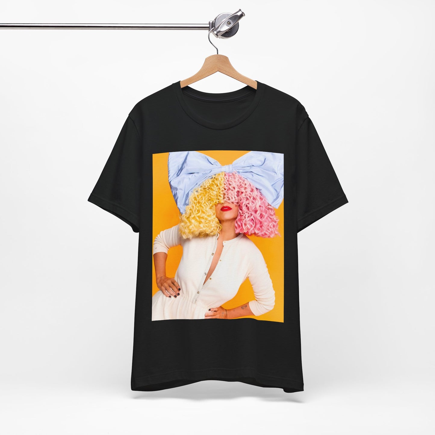 A black graphic t-shirt featuring a chill indie pop graphic of Sia.