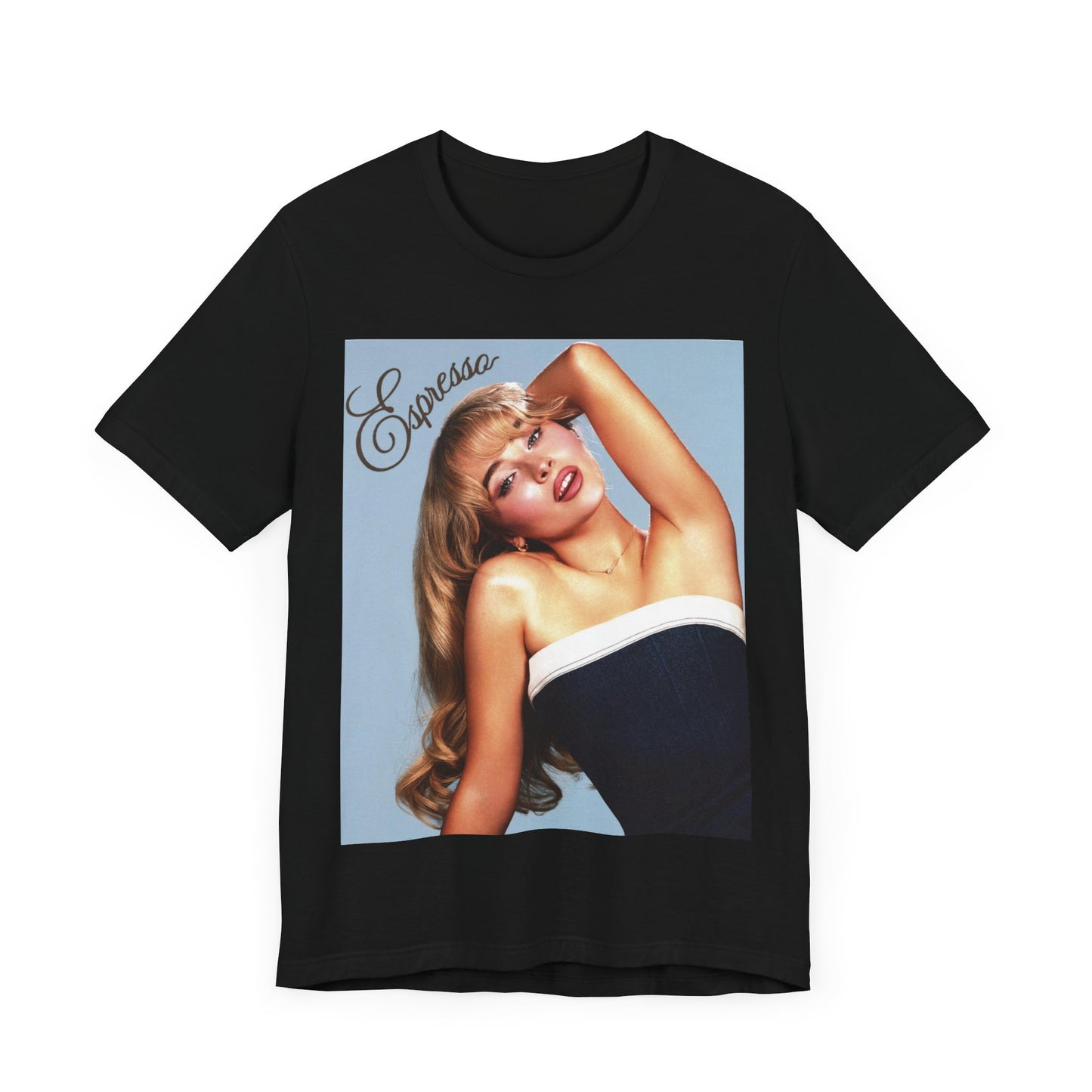 A black graphic t-shirt featuring a graphic related to Sabrina Carpenter's 'Espresso' song.