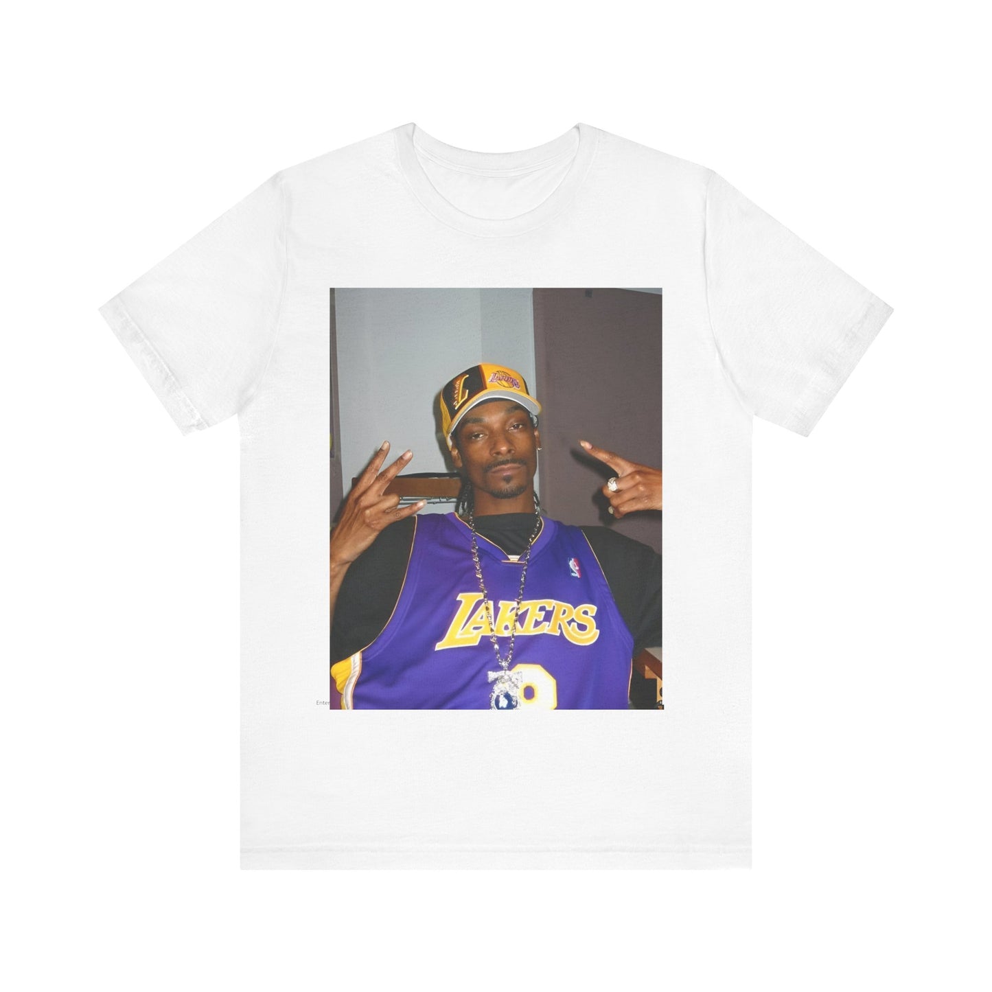 A black graphic t-shirt featuring a graphic of Snoop Dogg with Lakers branding or colors.