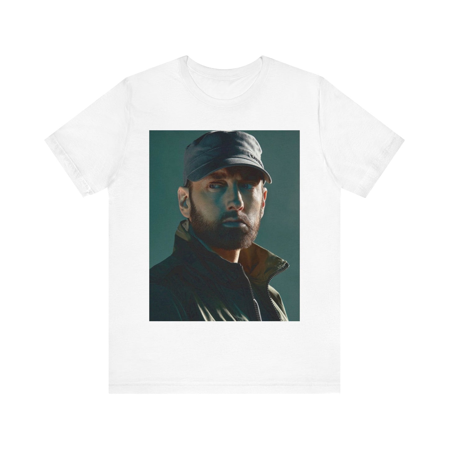 A black graphic t-shirt featuring a graphic of Eminem as a rap genius.