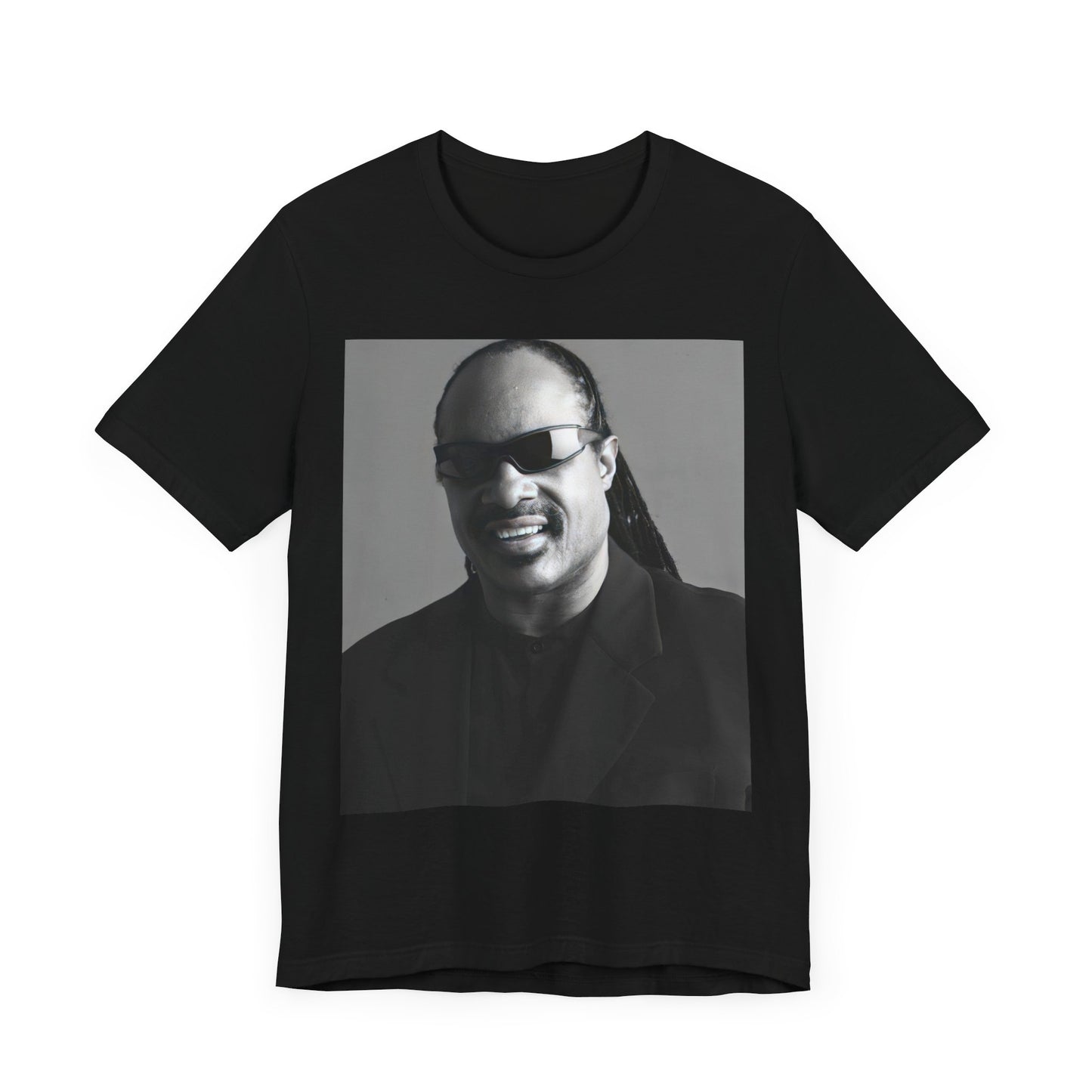 A black graphic t-shirt featuring a classic Motown legend black and white graphic of Stevie Wonder.