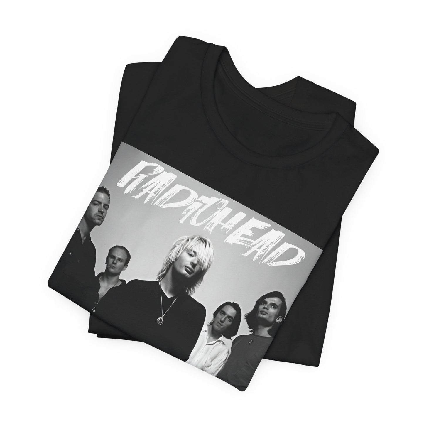 A black graphic t-shirt featuring a retro graphic related to Radiohead's 'OK Computer' album era.