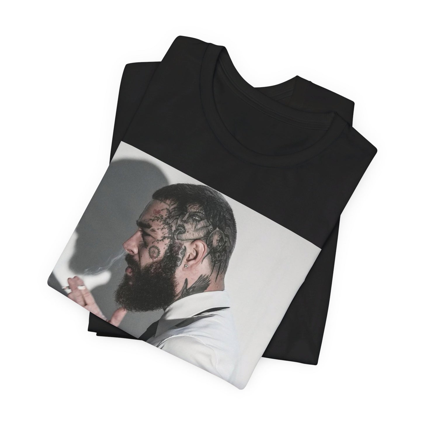 A black graphic t-shirt featuring a graphic of Post Malone with his classic face tattoos.
