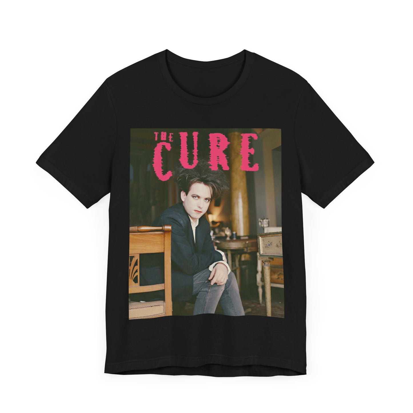 A black graphic t-shirt featuring a retro graphic related to The Cure's 'Disintegration' album era.