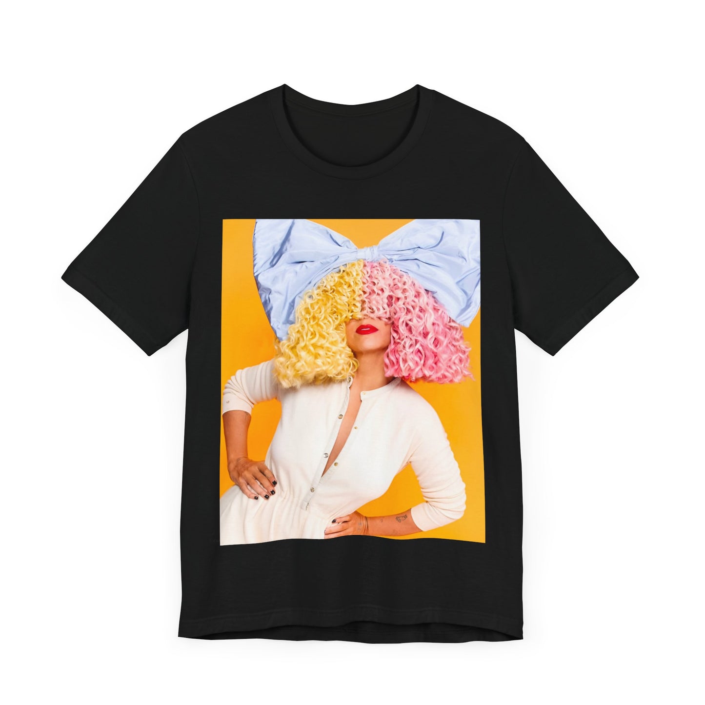 A black graphic t-shirt featuring a chill indie pop graphic of Sia.