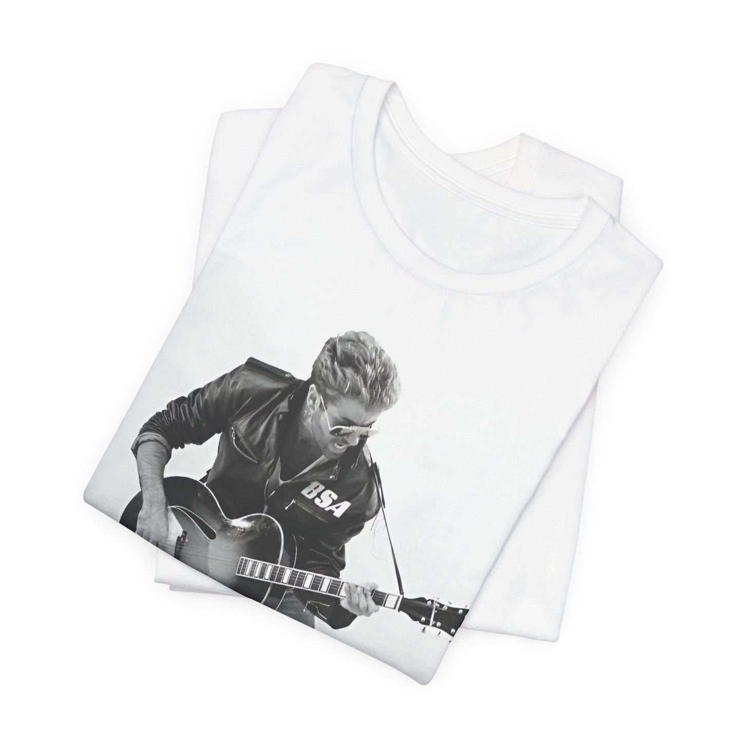 A black graphic t-shirt featuring a graphic of George Michael with a guitar.