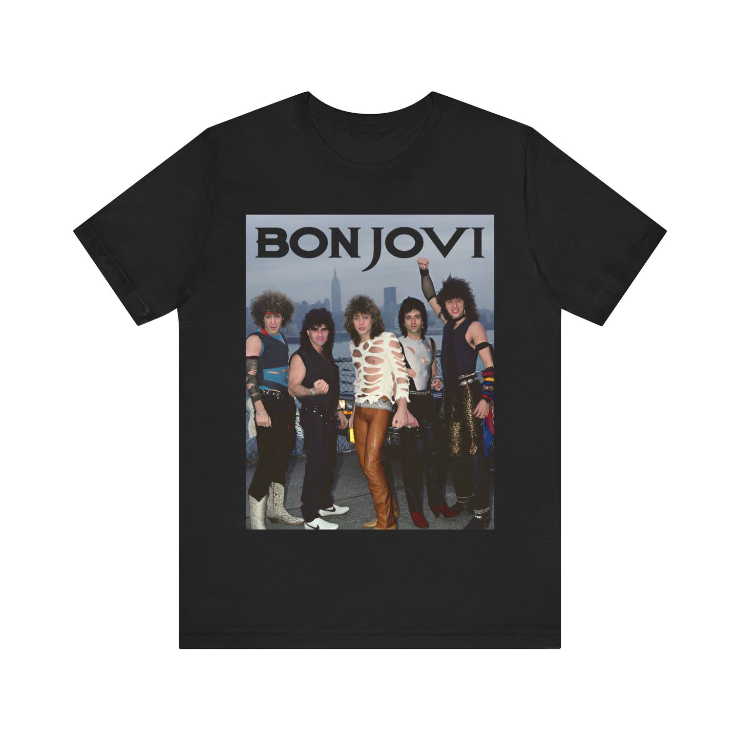 A black graphic t-shirt featuring a graphic related to Bon Jovi's 'Livin' on a Prayer' song or era from the 1980s.