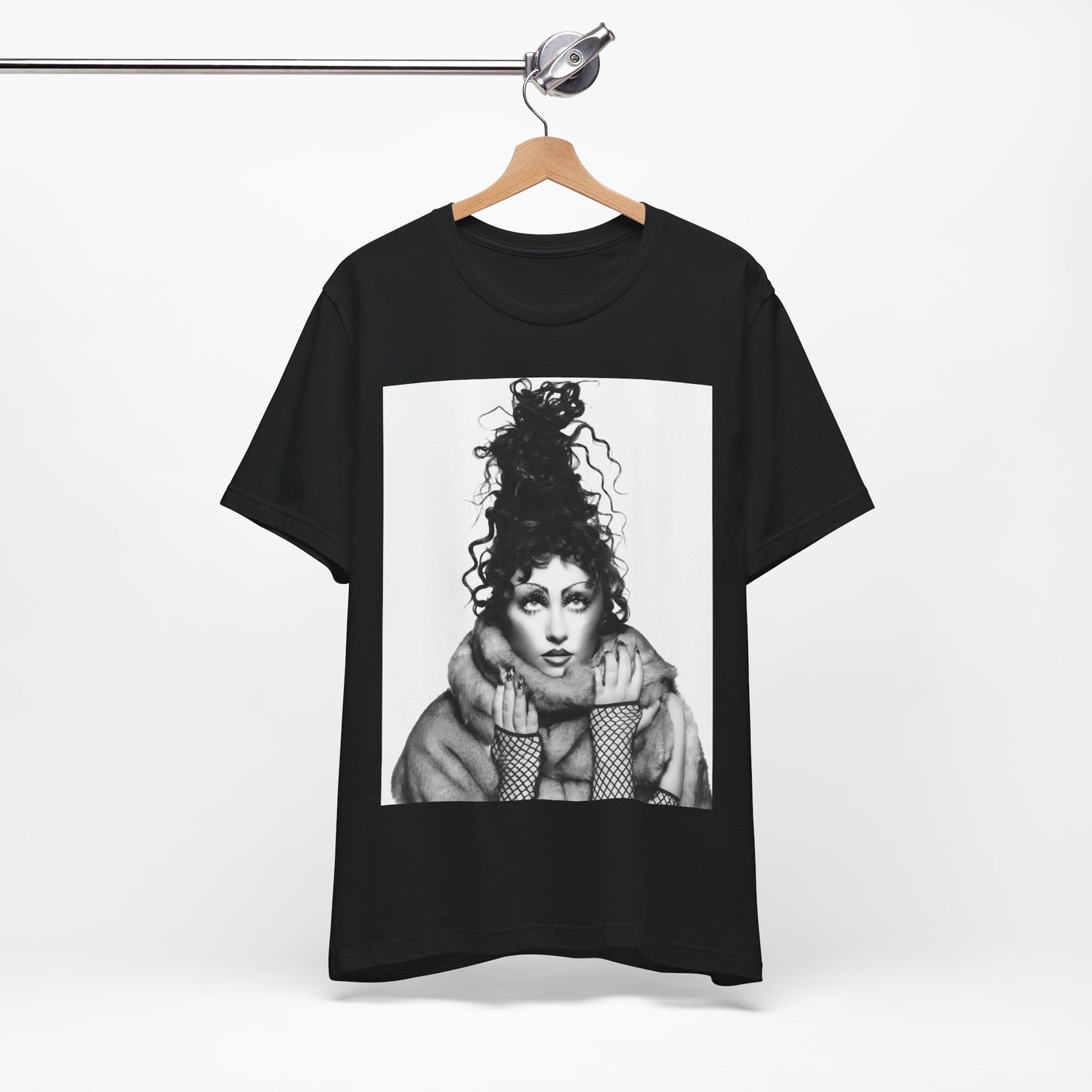 A black graphic t-shirt featuring a graphic of Chappell Roan as a pop diva.