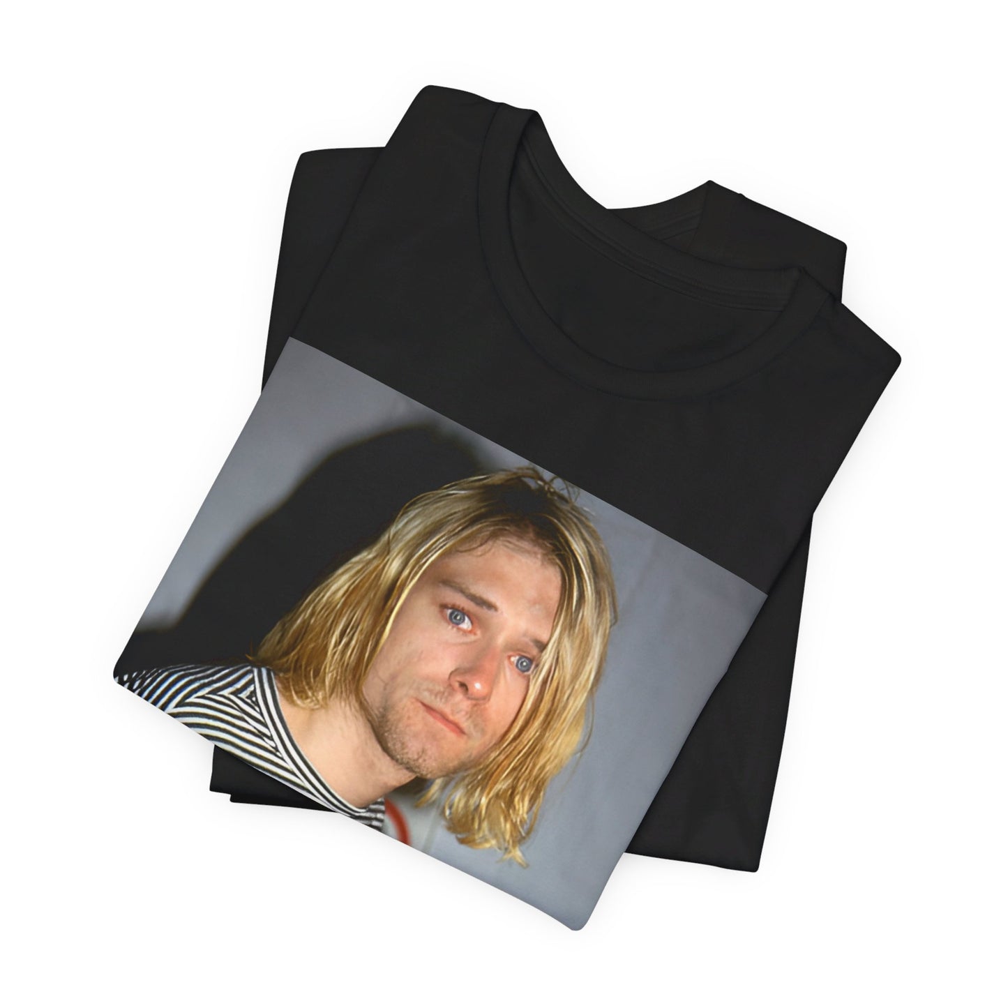 A black graphic t-shirt featuring a 90s photo portrait of Kurt Cobain from Nirvana.