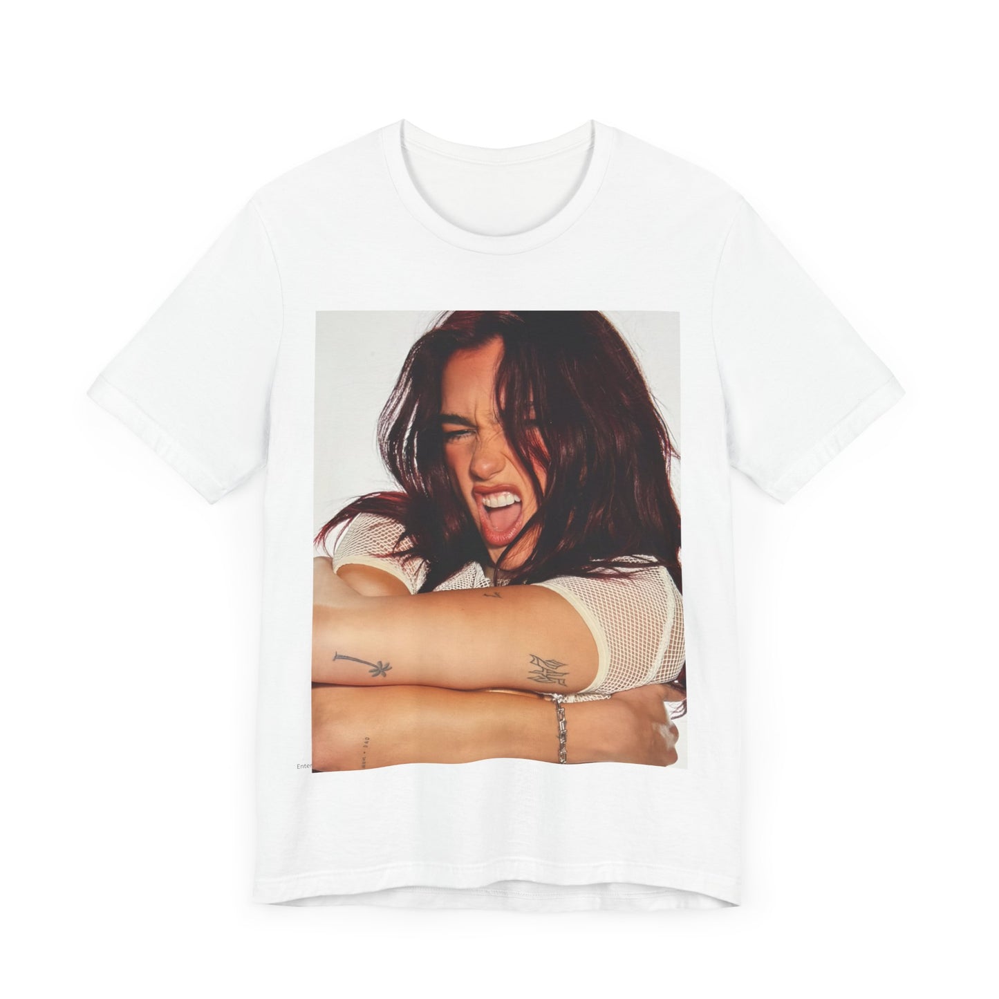 A black graphic t-shirt featuring a bold disco pop graphic of Dua Lipa as a superstar.