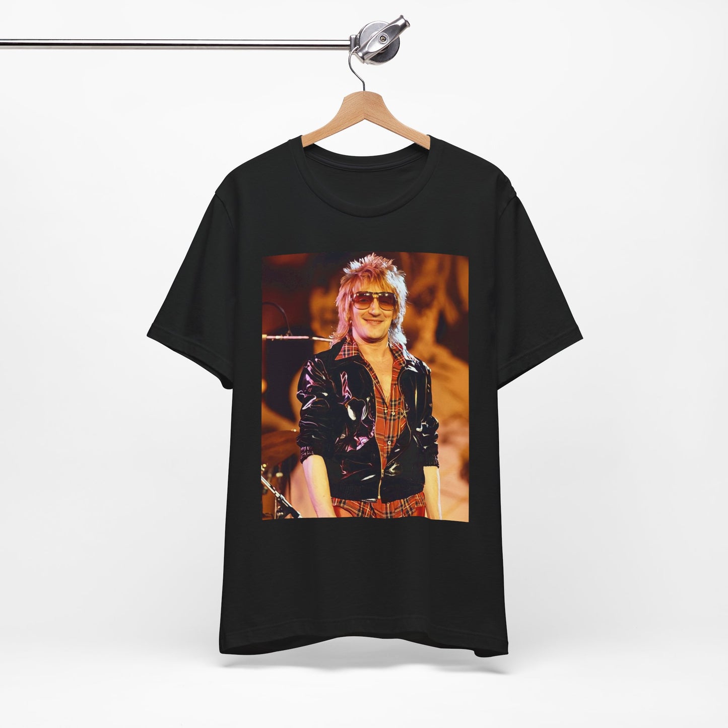 A black graphic t-shirt featuring a graphic related to Rod Stewart's 'Gasoline Alley' album era.