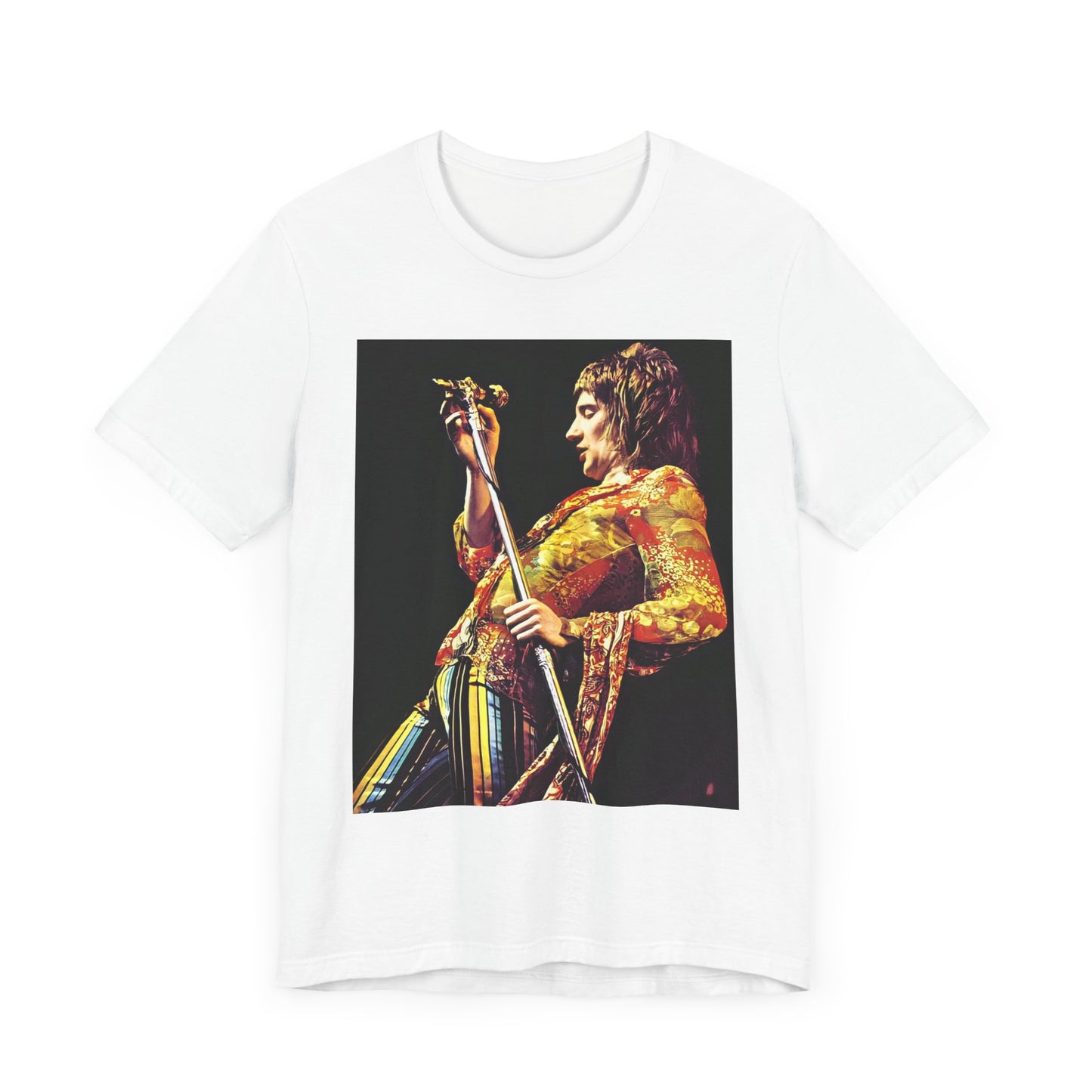 A black graphic t-shirt featuring a fierce graphic of Rod Stewart performing on stage from the 70s.