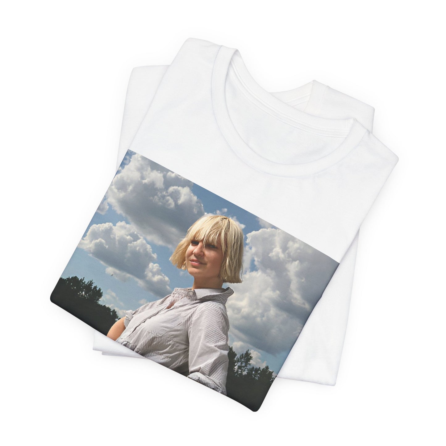 A black graphic t-shirt featuring a bold graphic of Sia as a pop superstar.