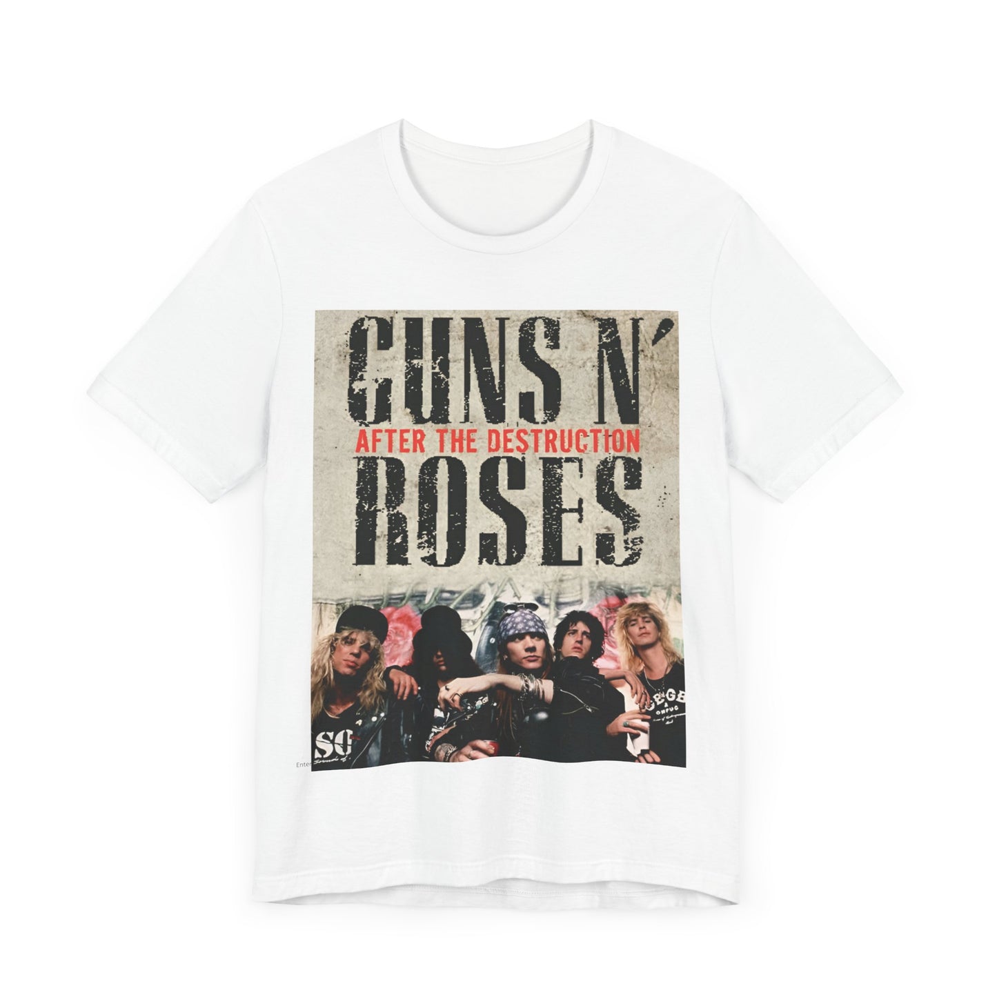A black graphic t-shirt featuring a graphic related to Guns N' Roses, with a theme of 'after the destruction'.