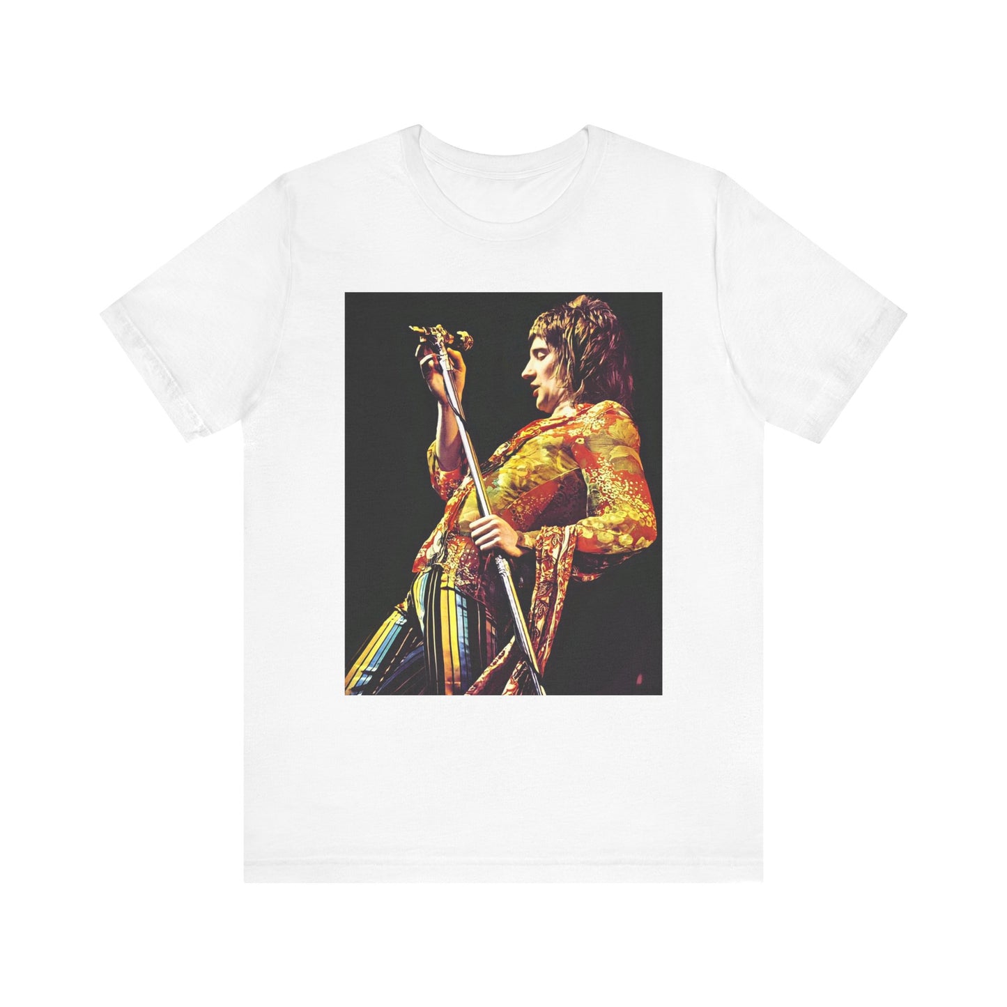 A black graphic t-shirt featuring a fierce graphic of Rod Stewart performing on stage from the 70s.