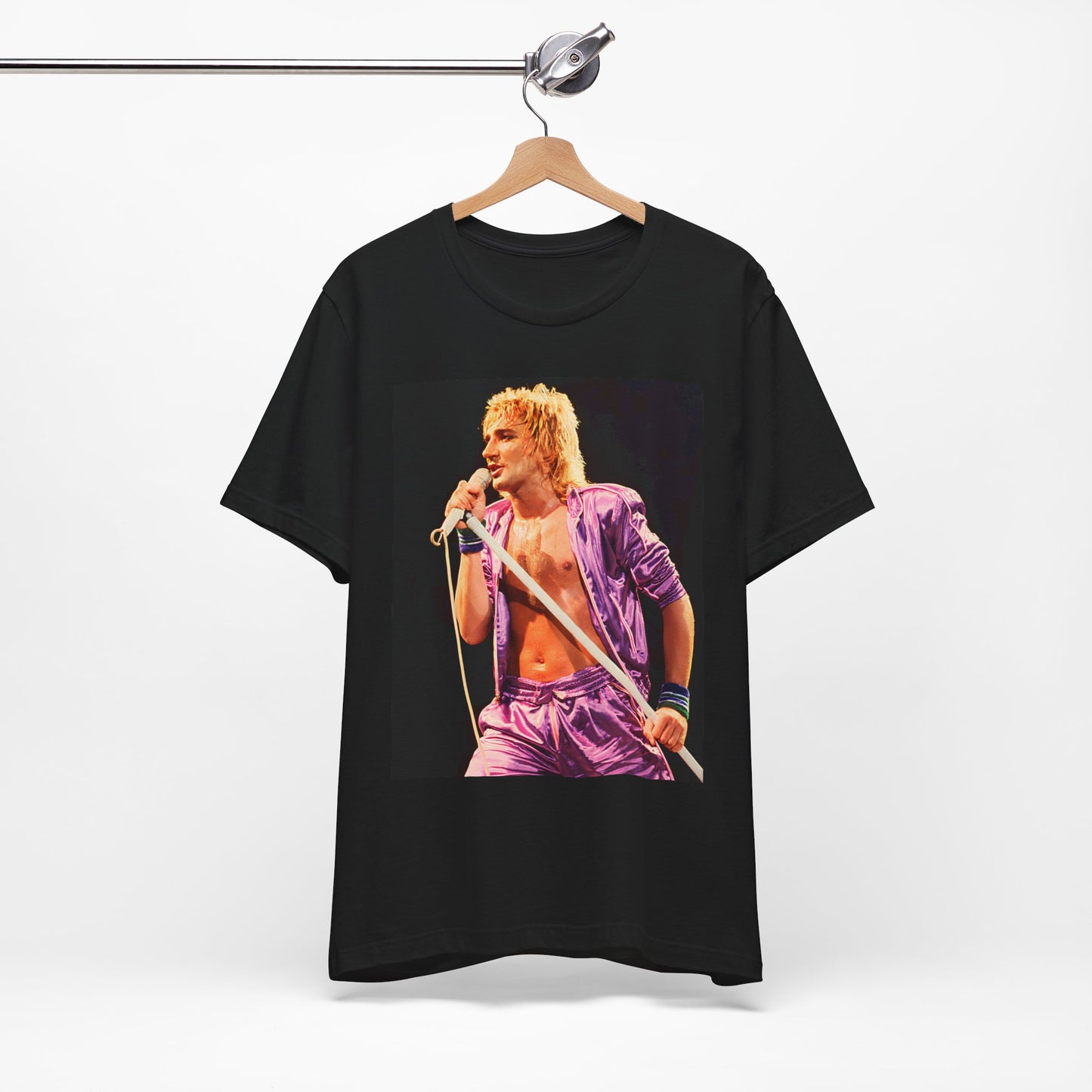A black graphic t-shirt featuring a retro graphic related to Rod Stewart's 'Do Ya Think I'm Sexy' song or era.