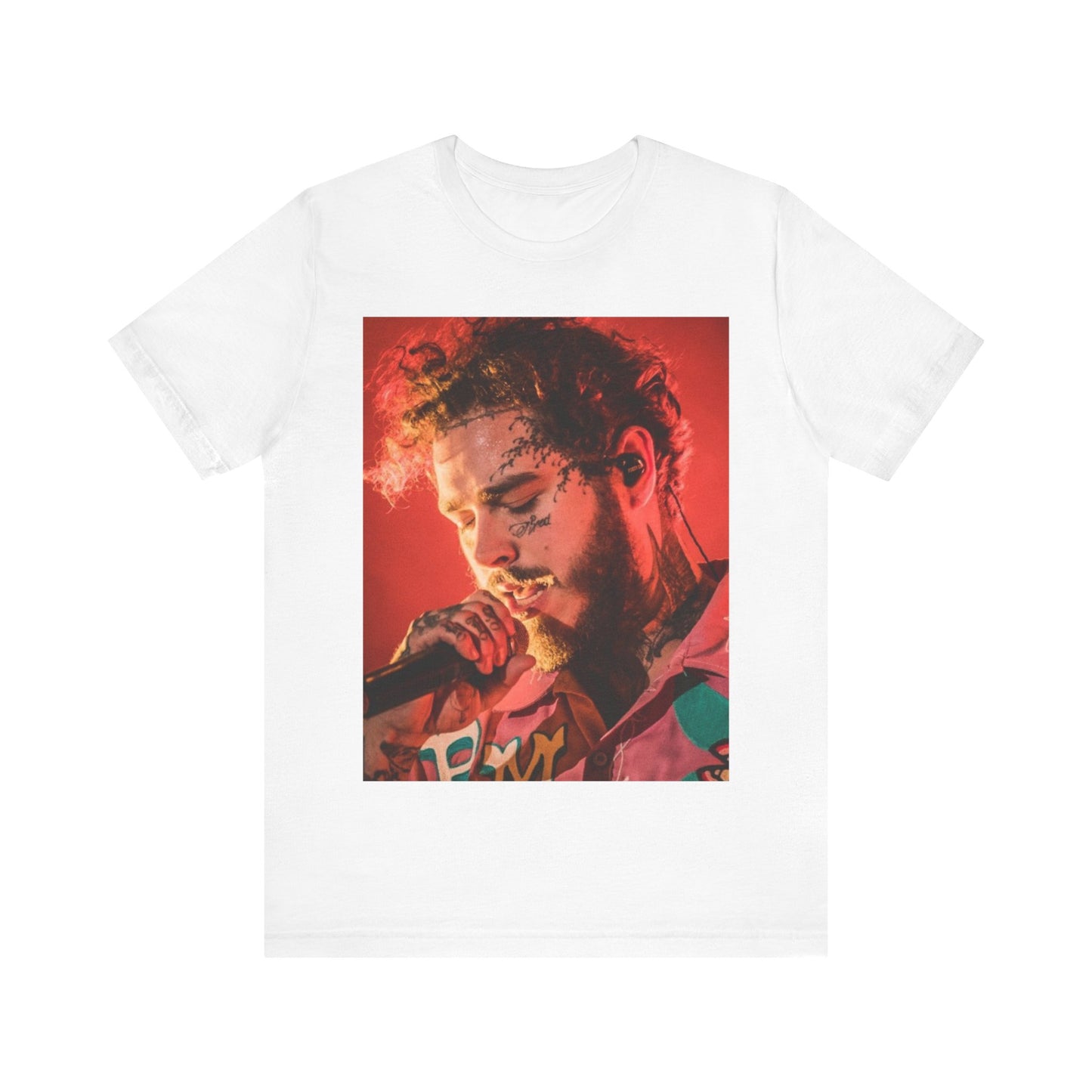 A black graphic t-shirt featuring a graphic of Post Malone in a tattoo art style.