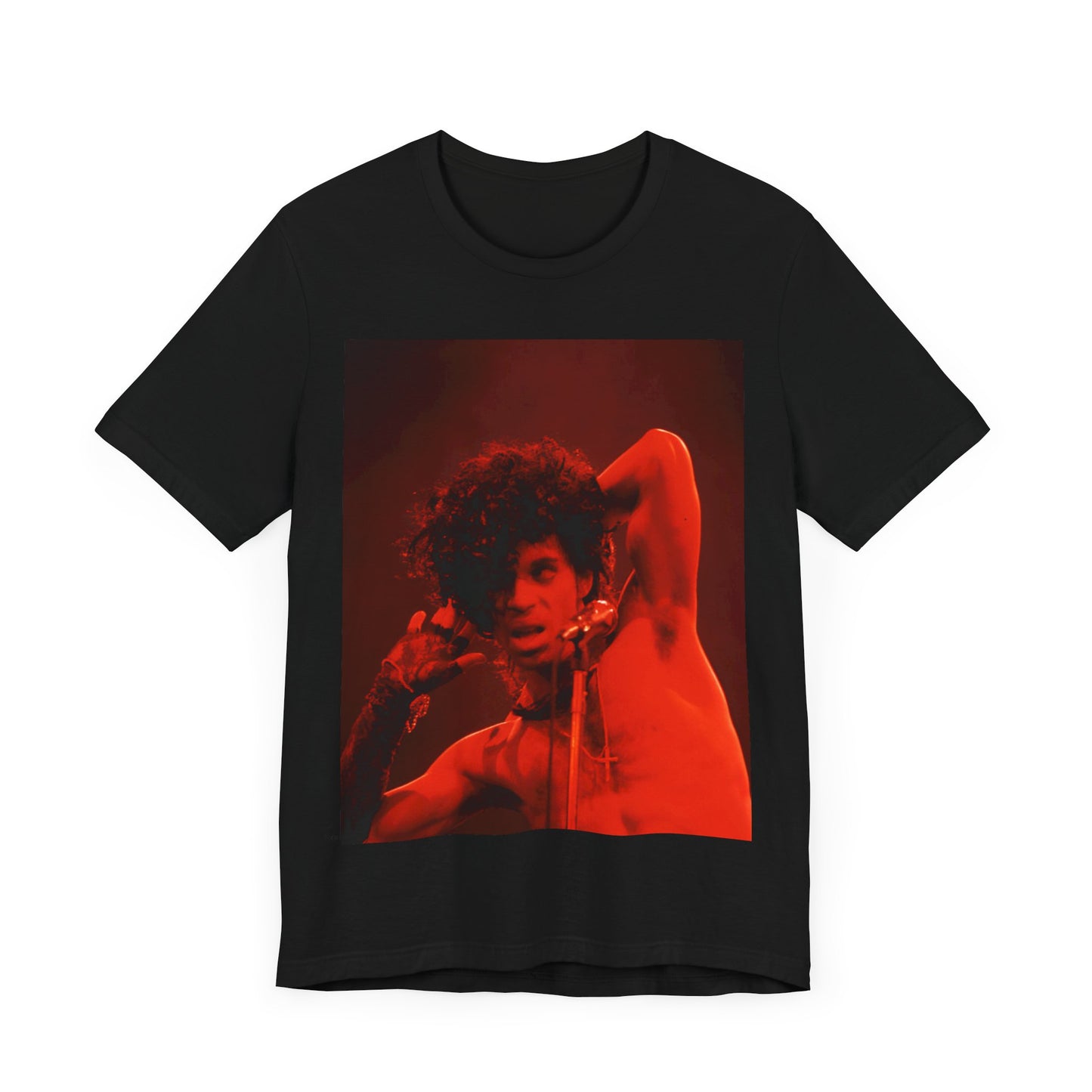 A black graphic t-shirt featuring a concert pop fan graphic of Prince.