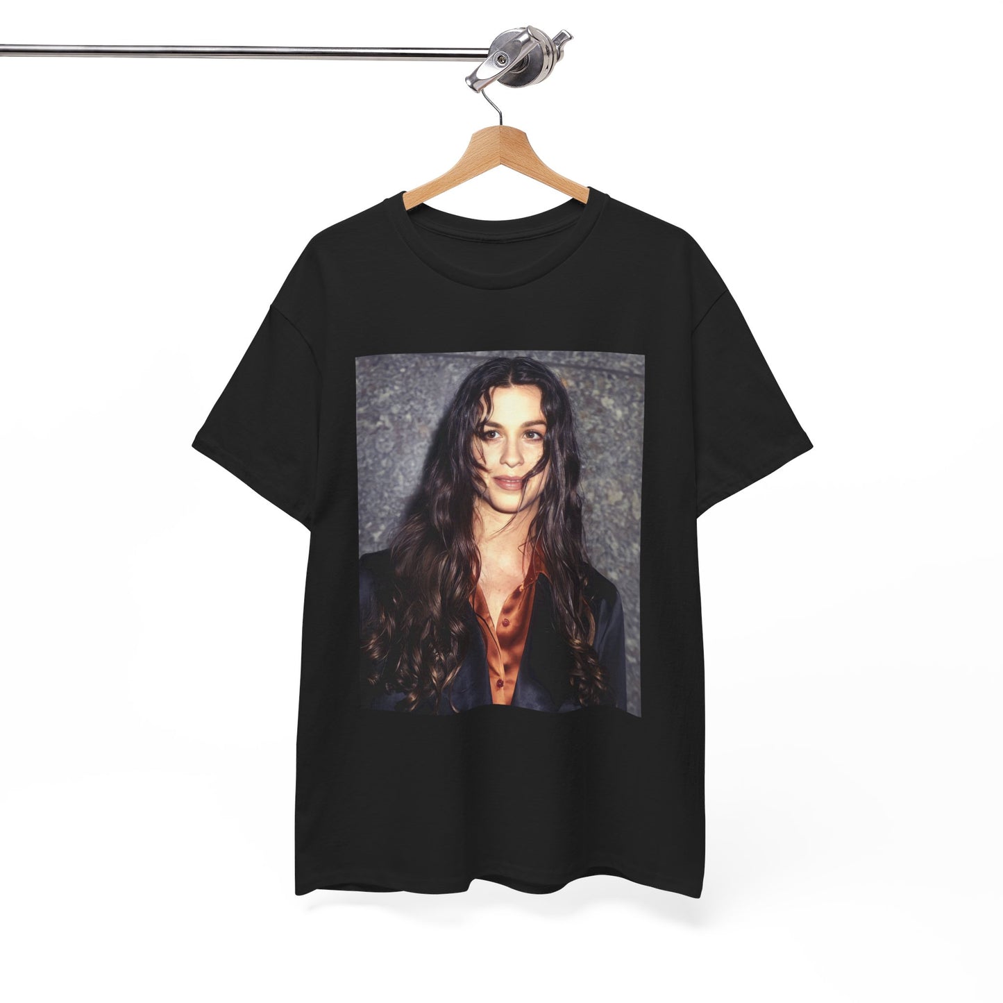 A black graphic t-shirt featuring a classic portrait or graphic of Alanis Morissette.