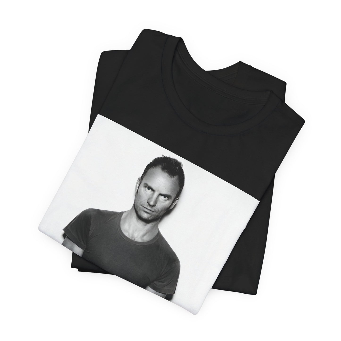 A black graphic t-shirt featuring a black and white portrait photo of Sting.